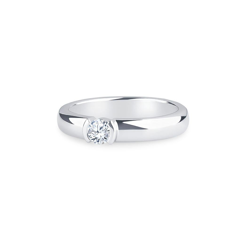 Platinum Tiffany & Co. 0.19 carat round brilliant diamond ring with half bezel setting, size 5.5. Approximate quality H VS2.