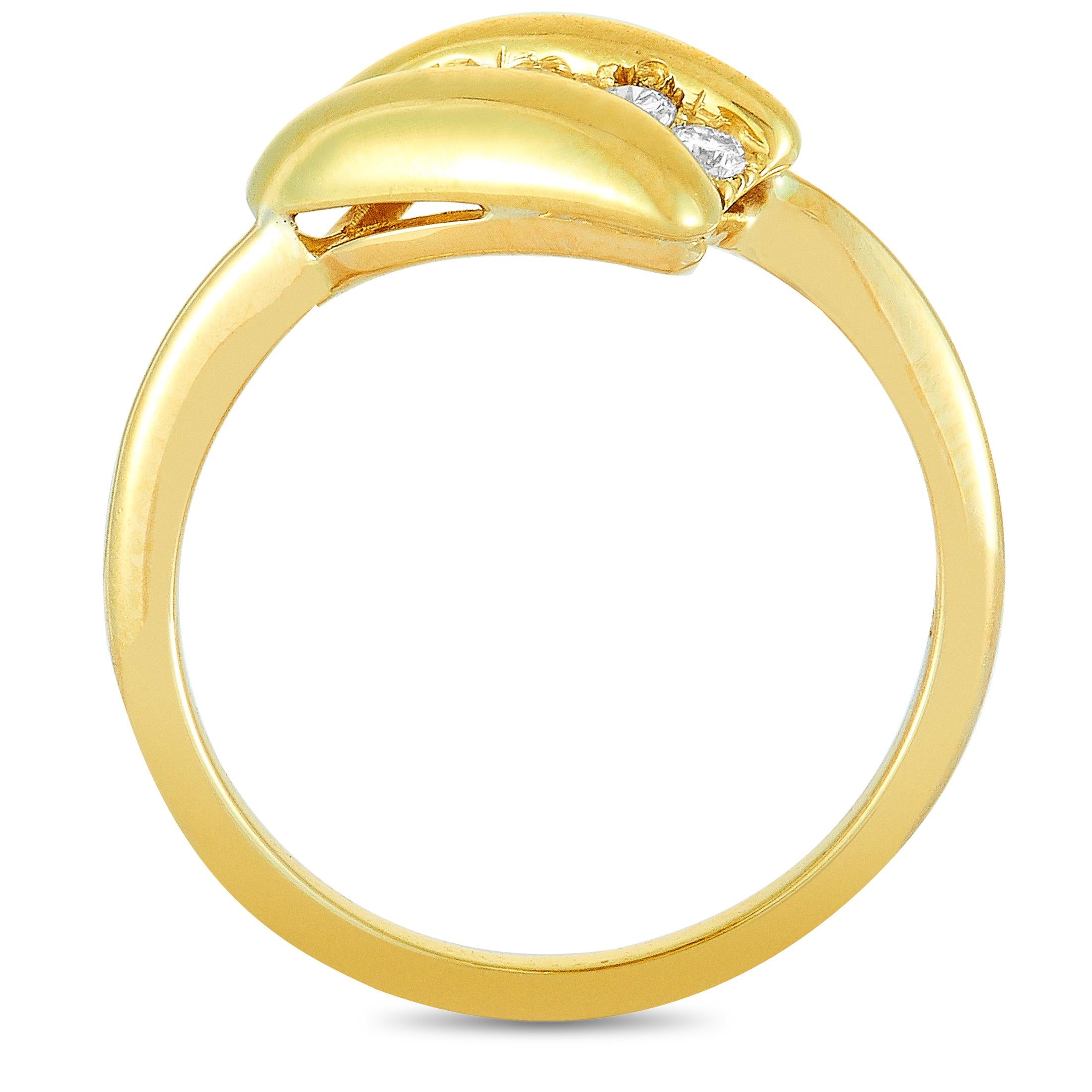 This Tiffany & Co. ring is made out of 18K yellow gold and diamonds that total 0.25 carats. The ring weighs 4.1 grams, boasting band thickness of 1 mm and top height of 3 mm, while top dimensions measure 11 by 17 mm.

Offered in estate condition,