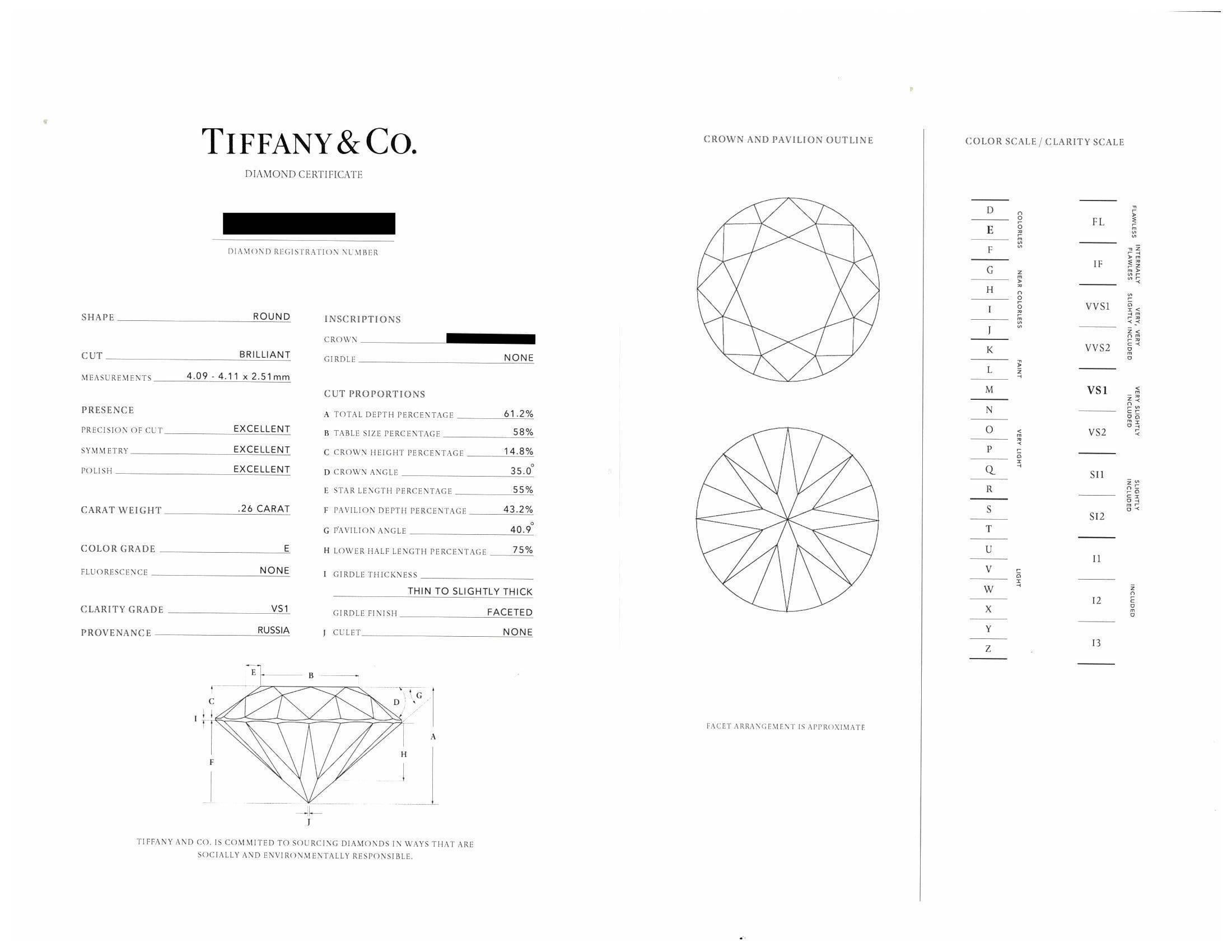Tiffany & Co 0.26 Ct Platinum Harmony Diamond Engagement Ring E VS1 'Triple Ex' 1