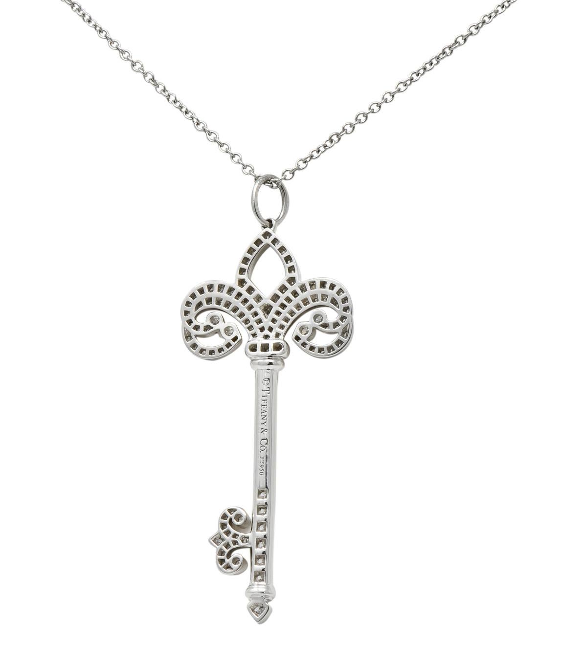 Round Cut Tiffany & Co. Diamond Platinum Fleur De Lis Key Pendant Necklace