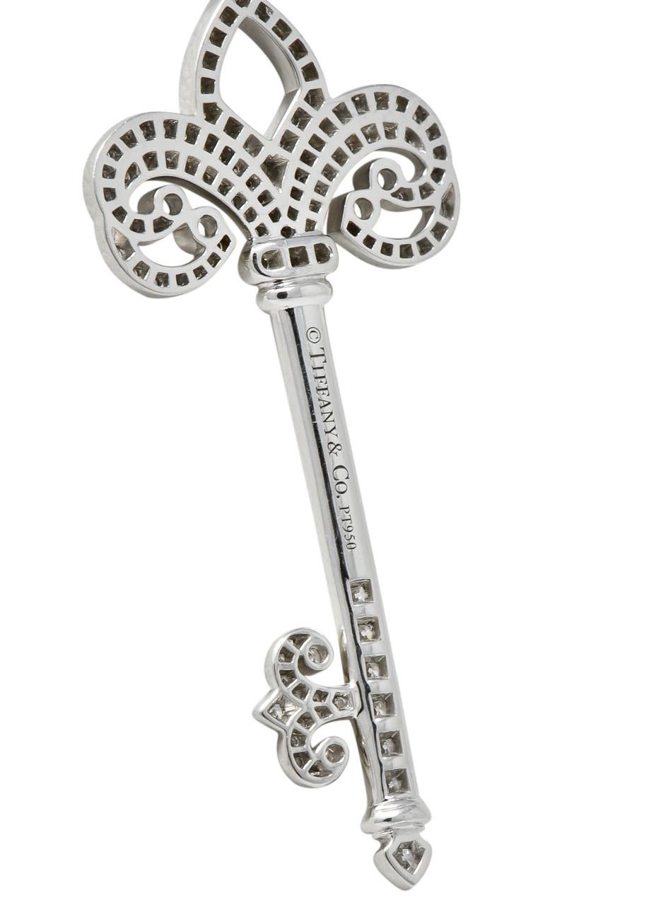 Tiffany & Co. Diamond Platinum Fleur De Lis Key Pendant Necklace In Excellent Condition In Philadelphia, PA