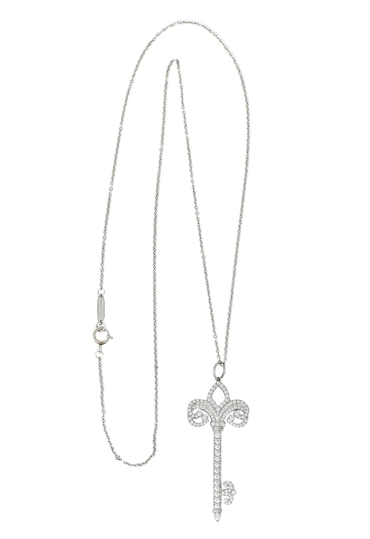 Women's or Men's Tiffany & Co. Diamond Platinum Fleur De Lis Key Pendant Necklace