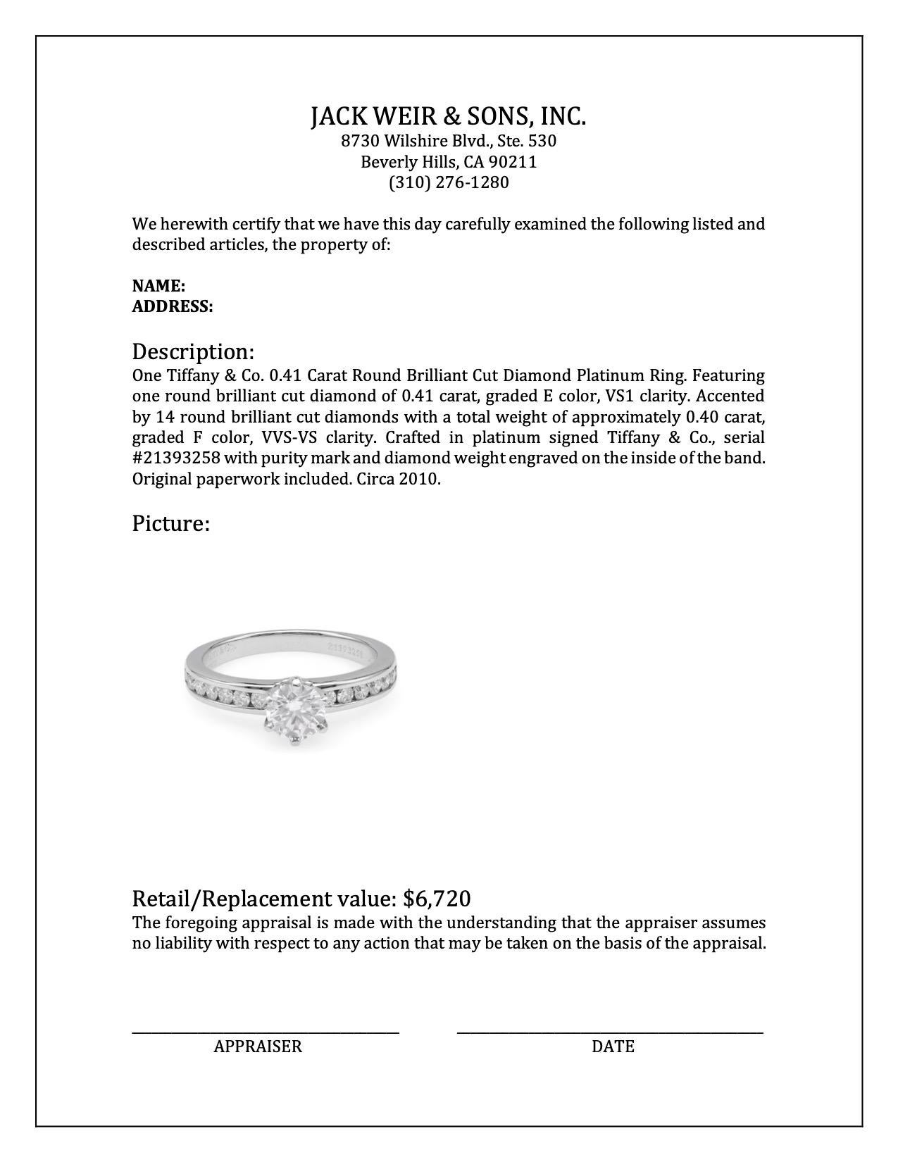 Tiffany & Co. 0.41 Carat Round Brilliant Cut Diamond Platinum Ring For Sale 1