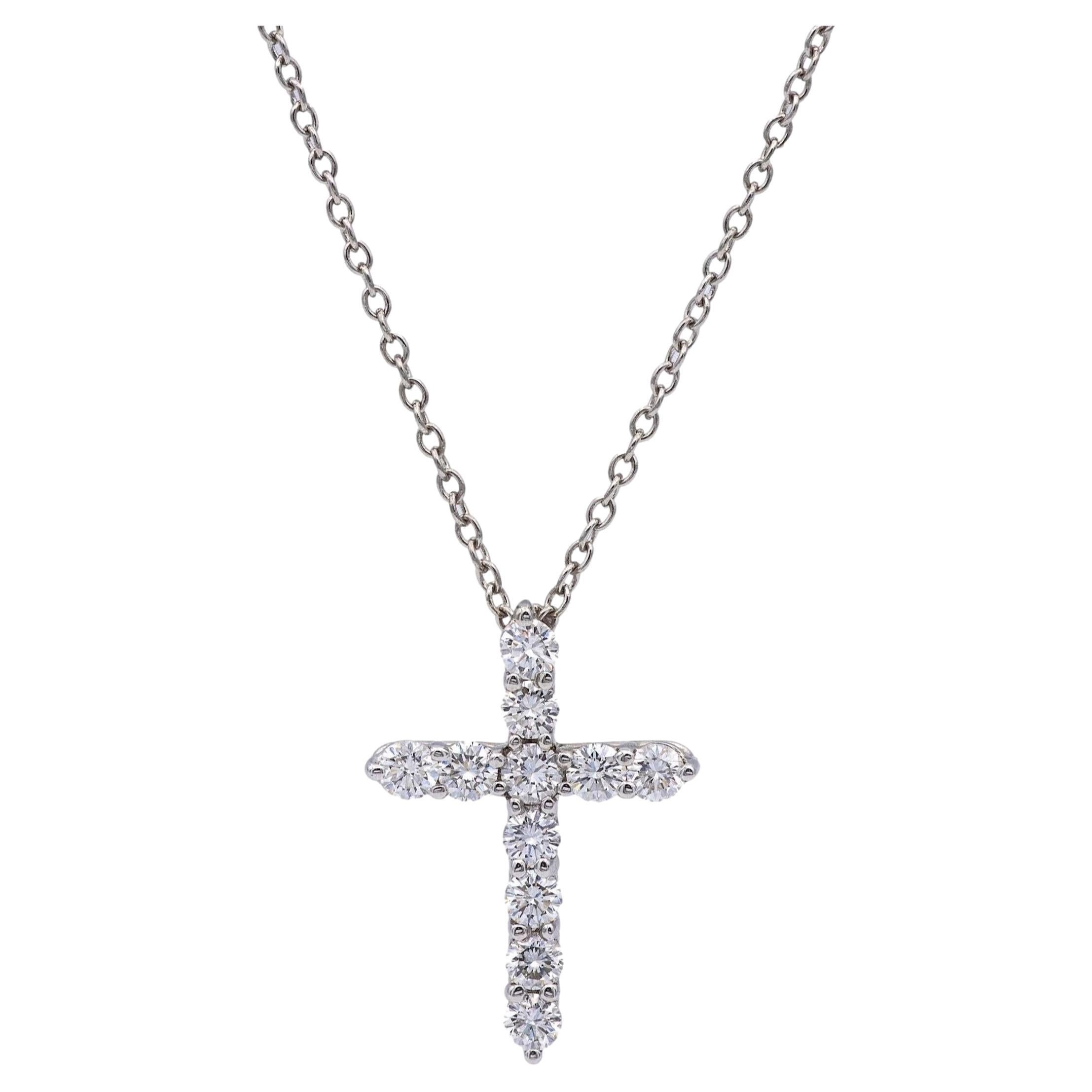 Tiffany & Co. 0.42ct Round Diamond Cross Pendant Necklace Small 16" For Sale