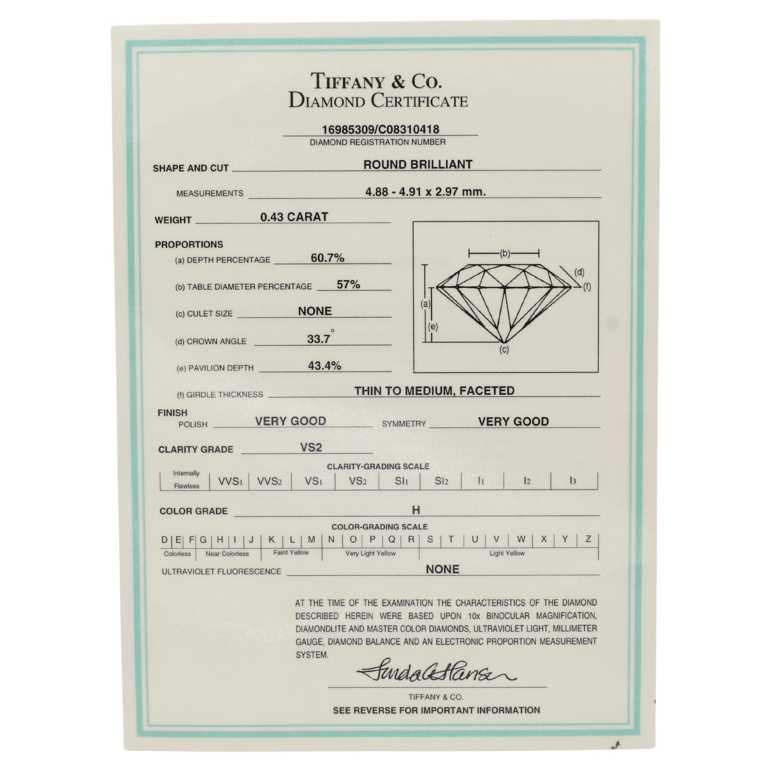 Tiffany & Co. Bague de fiançailles en platine avec diamant rond naturel de 0,43 carat H VS2 en vente 1