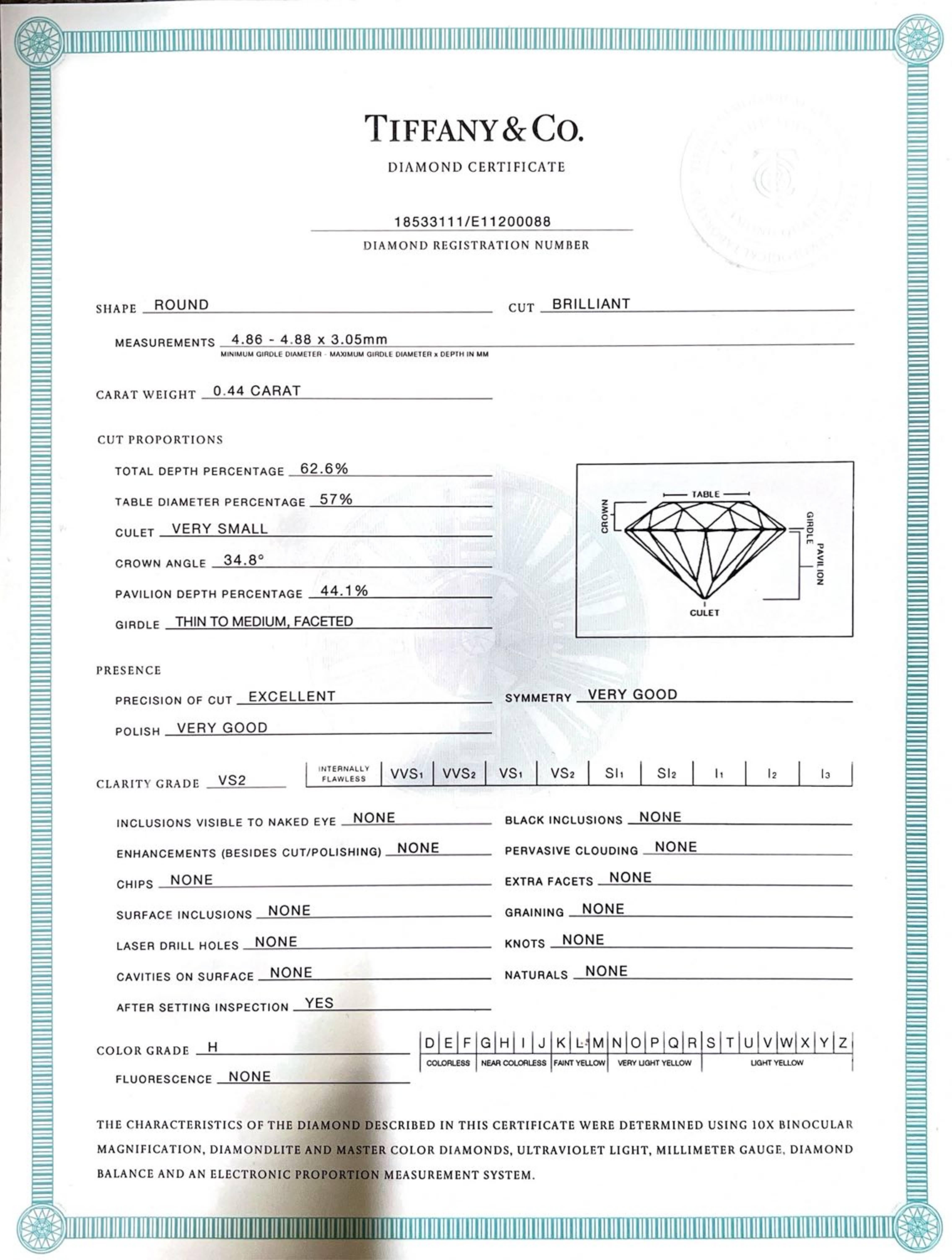 Tiffany & Co. 0.44 Carat H VS2 Platinum Round Natural Diamond Engagement Ring In Excellent Condition For Sale In  Baltimore, MD
