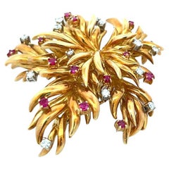 Tiffany & Co 0.45 Carat Ruby 0.42 Carat Round Diamond 18K YG Pin Brooch