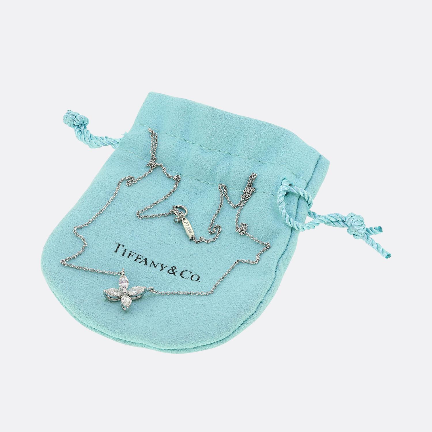 This is a platinum, diamond necklace from the luxury jewellery designer Tiffany & Co. The necklace forms part of the Victoria collection and is formed of 4 marquise cut diamonds. It is the medium model which is 0.46 carats in total.

Condition: Used