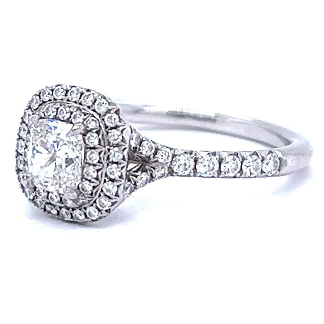 Tiffany & Co 0.51 Carat Cushion Cut Diamond Platinum Double Halo Soleste Ring In Excellent Condition In Beverly Hills, CA