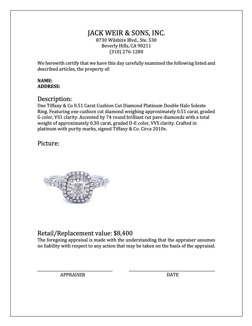 Tiffany & Co 0.51 Carat Cushion Cut Diamond Platinum Double Halo Soleste Ring 1