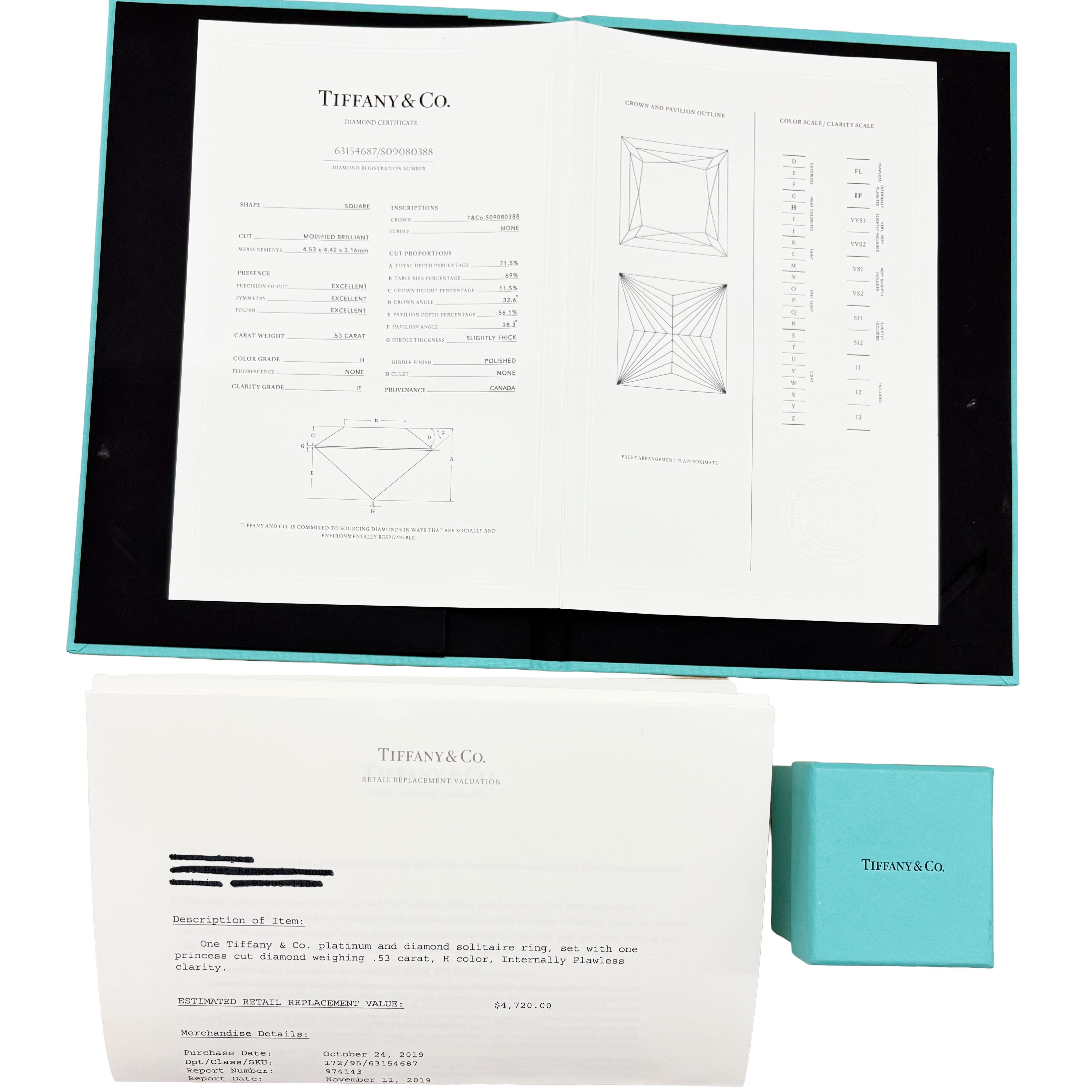 Bague de fiançailles Tiffany & Co. 0,53 ct Princesse Diamant Pour femmes en vente