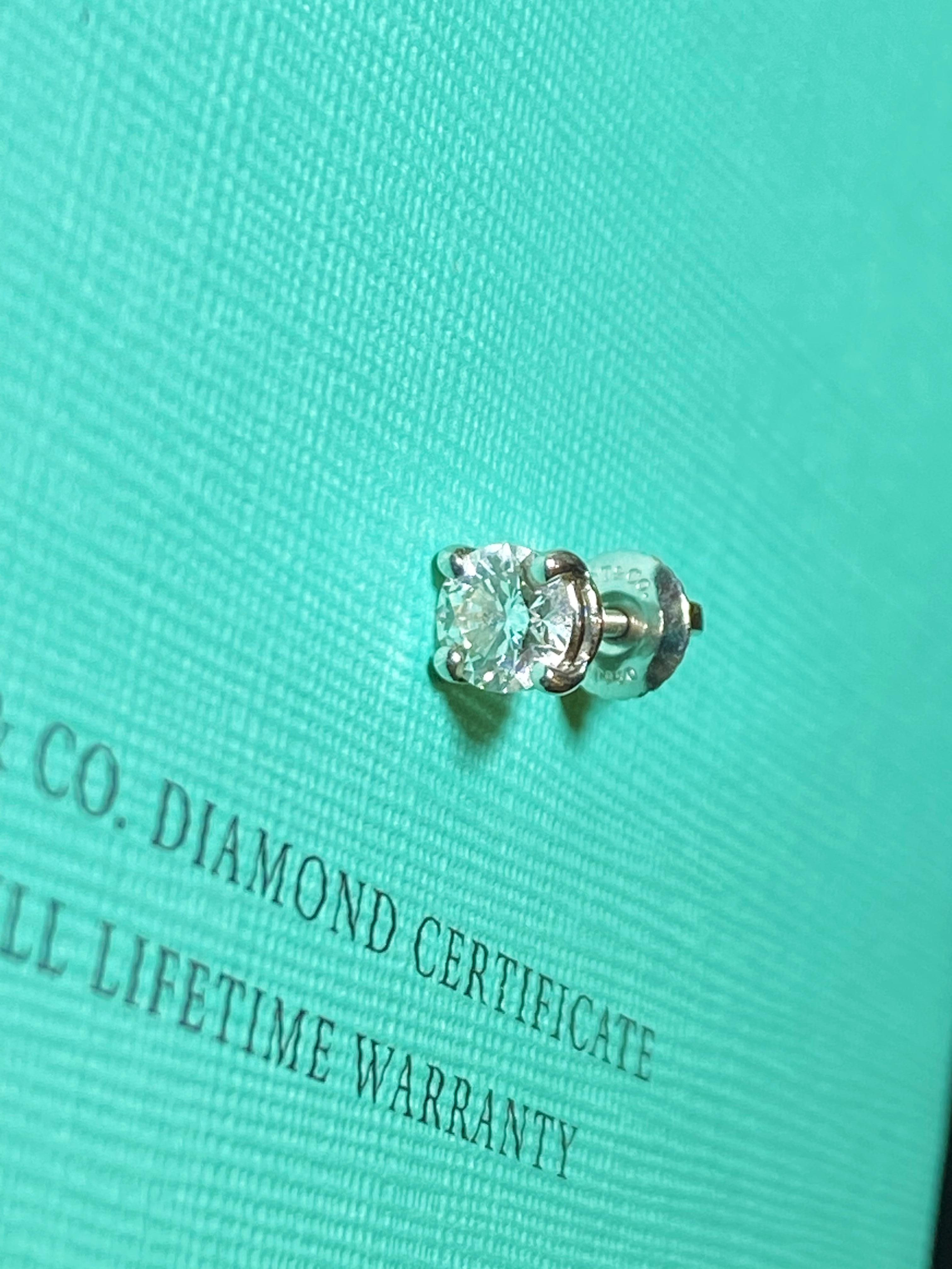 Modern Tiffany & Co 0.54ct Diamond Single Stud Earring in 950 Platinum. Box + Papers. For Sale