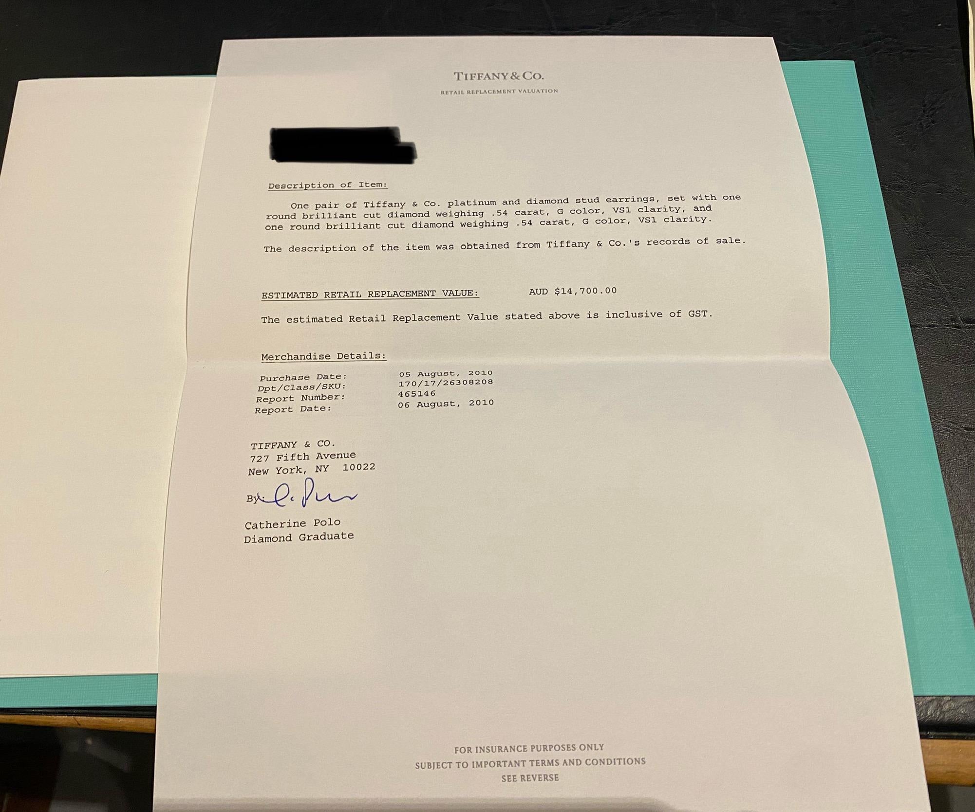 Brilliant Cut Tiffany & Co 0.54ct Diamond Single Stud Earring in 950 Platinum. Box + Papers. For Sale