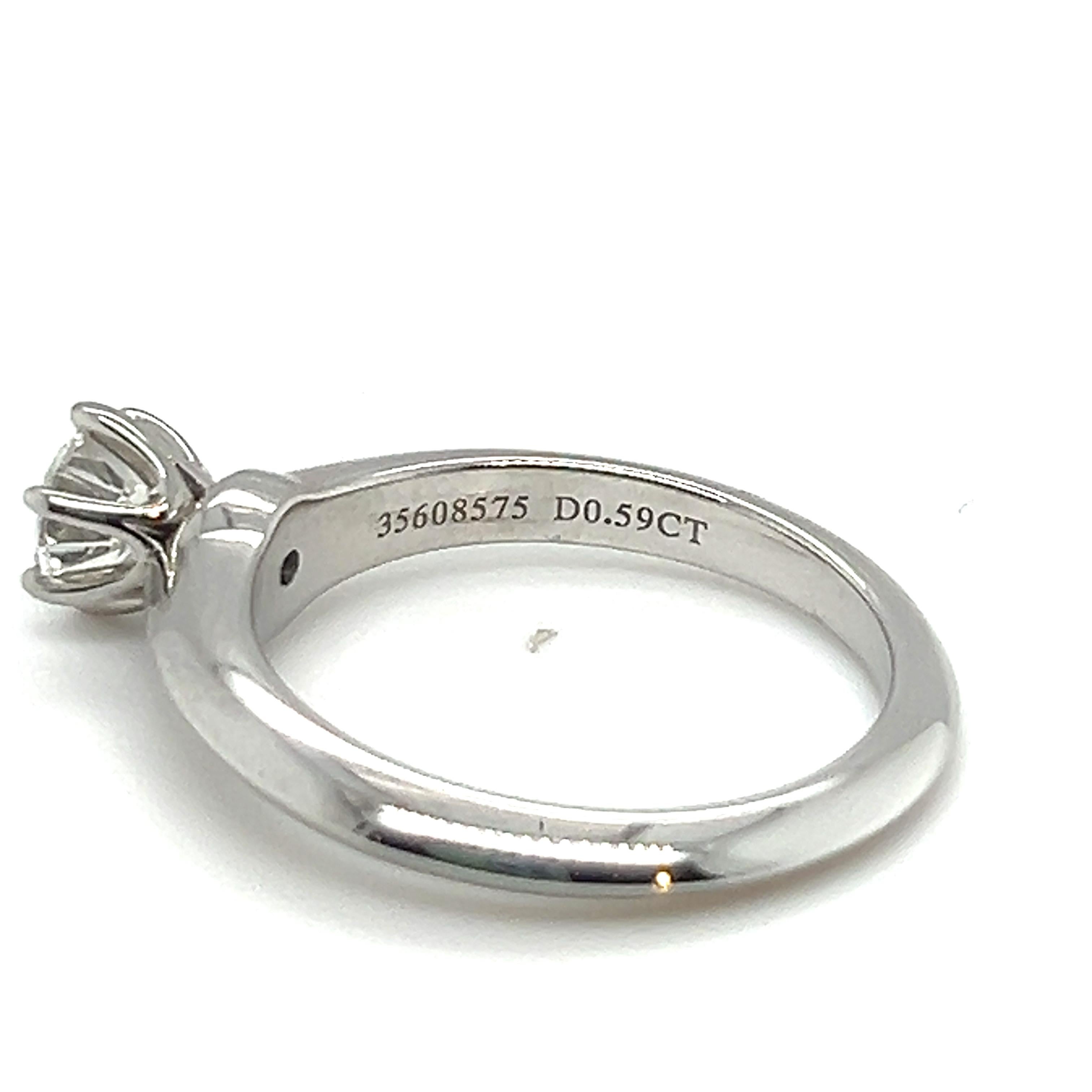 Brilliant Cut Tiffany & Co. 0.59 Carats Six Prong Round Cut Diamond Platinum Engagement Ring For Sale
