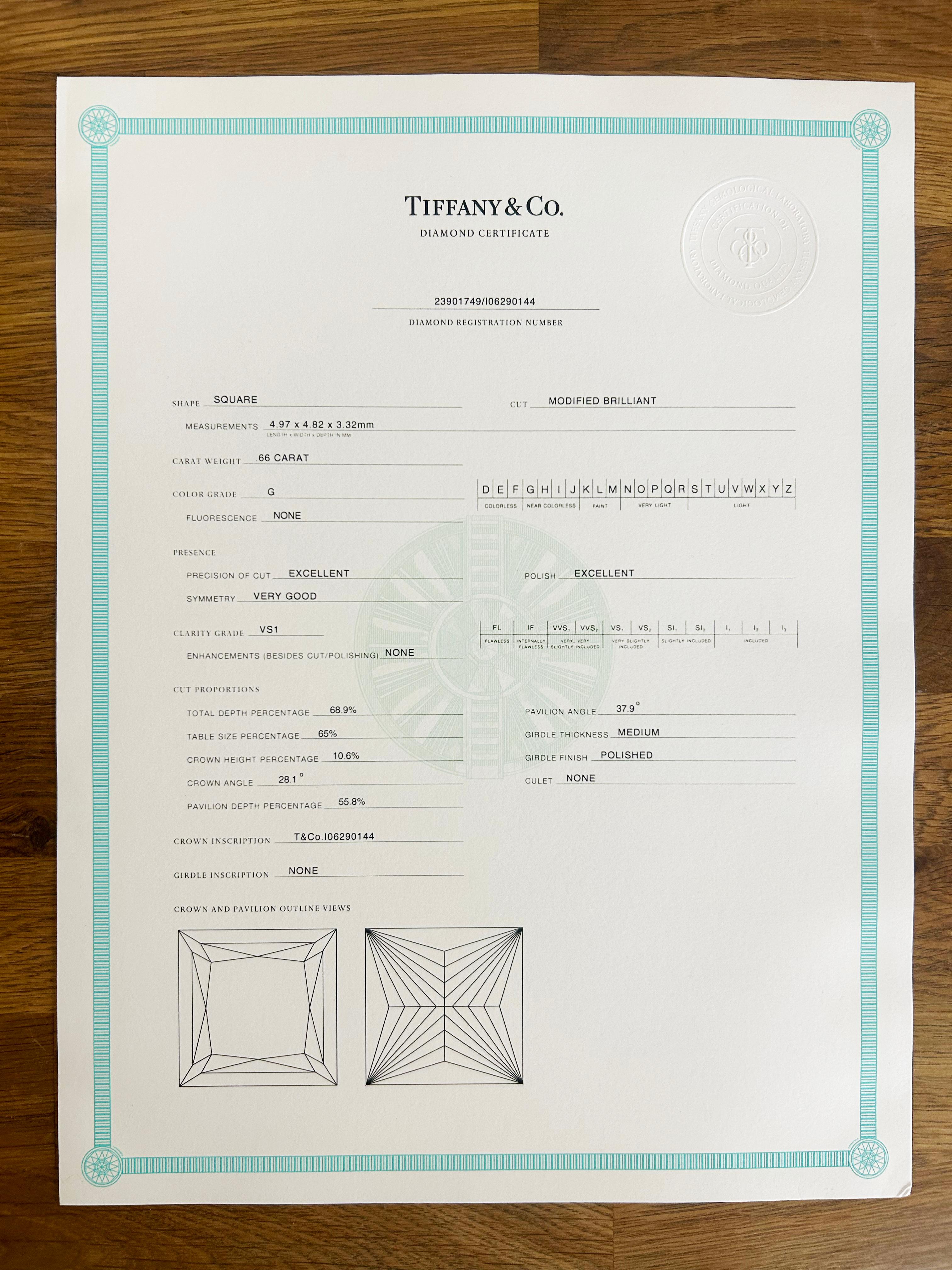 Tiffany & Co. Bague solitaire à diamant taille princesse de 0,66 carat Unisexe en vente