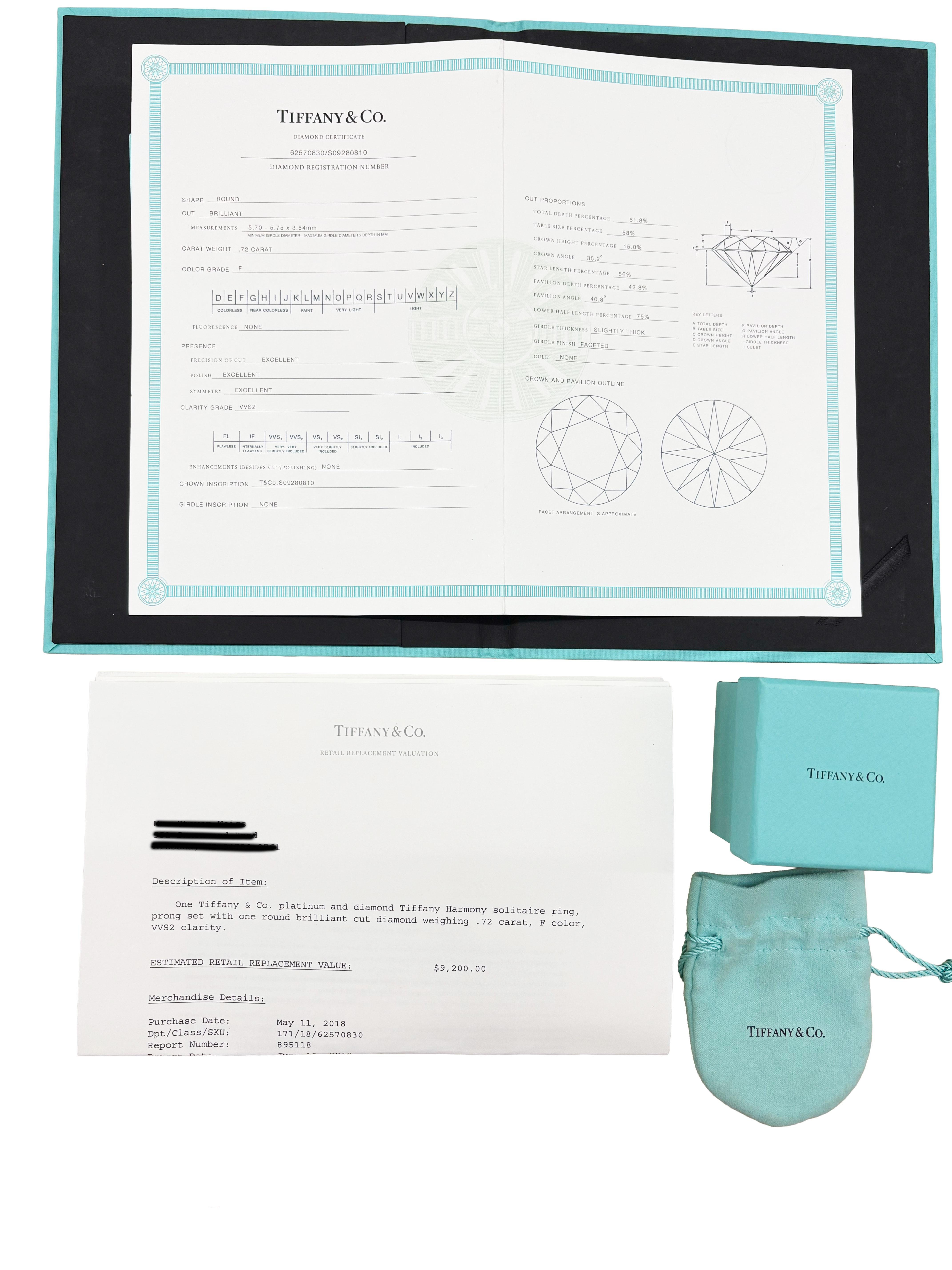 Tiffany & Co. Bague de fiançailles Harmony à diamants ronds et brillants de 0.72 ct Excellent état - En vente à New York, NY