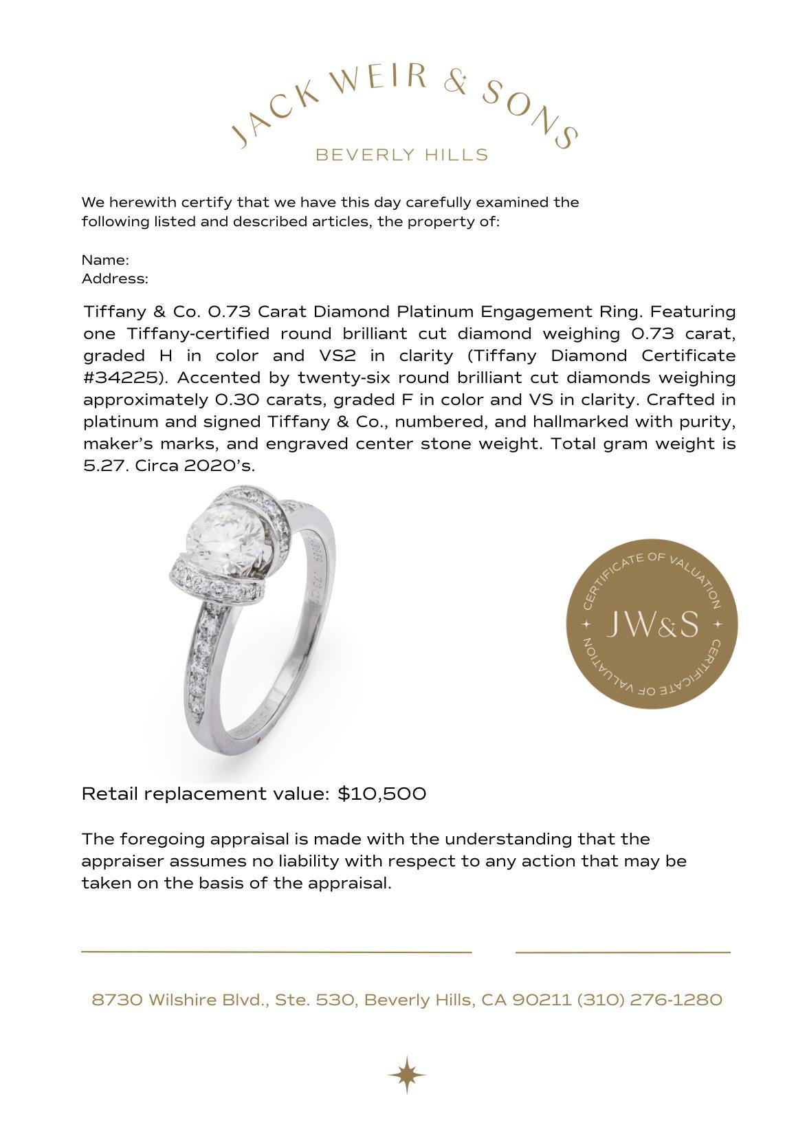 Bague de fiançailles en platine avec un diamant de 0.73 carat Tiffany & Co. en vente 3