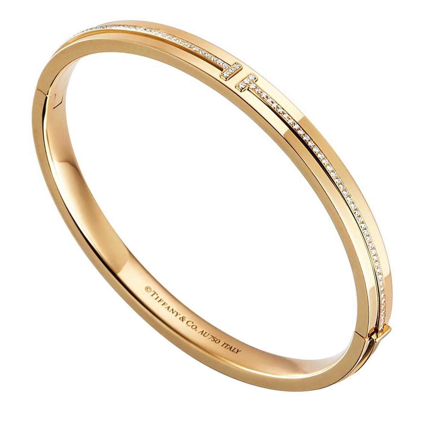 Tiffany & Co 0.17 Carat T Diamond Hinged Bangle 18k Yellow Gold Bracelet For Sale