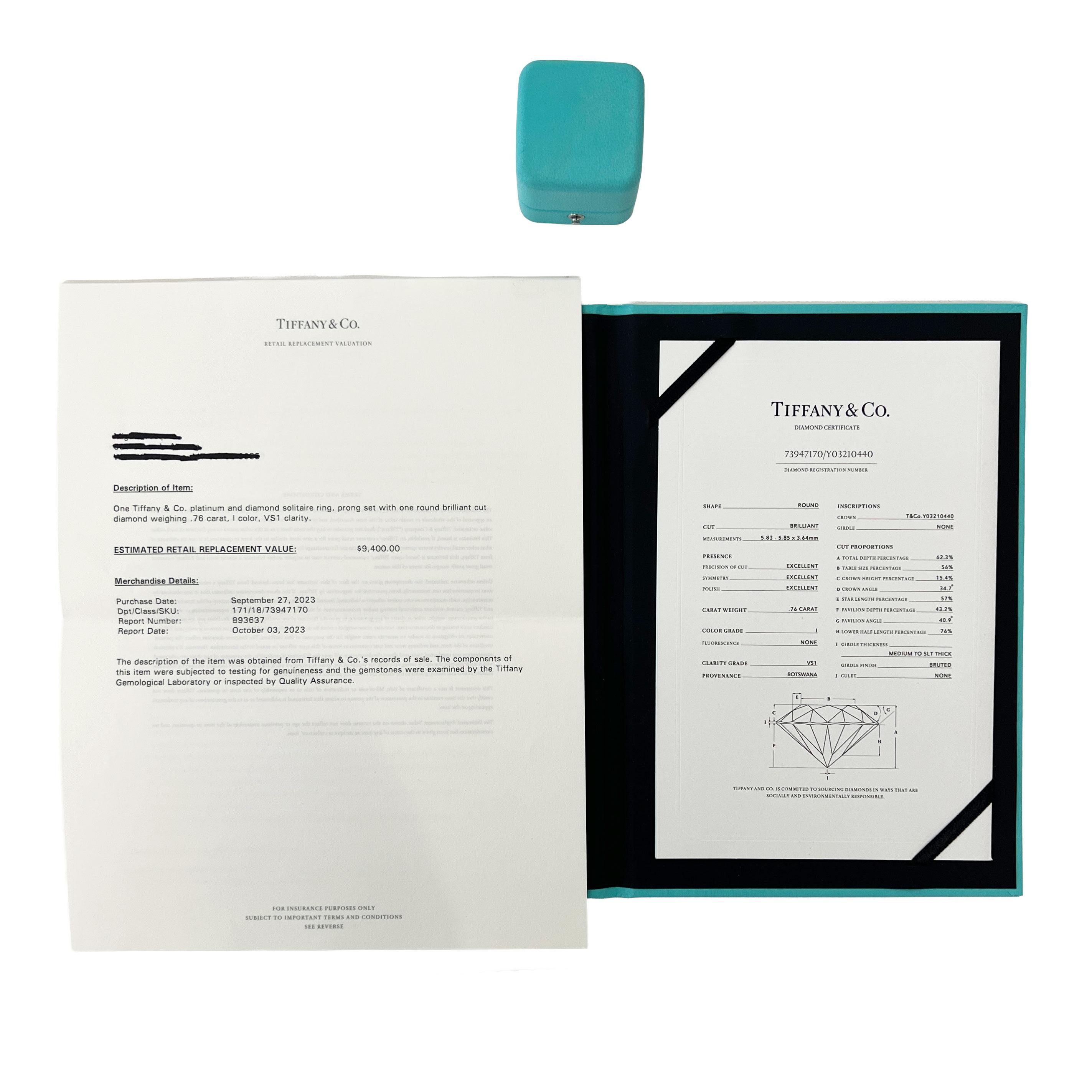 Tiffany & Co. Bague de fiançailles à diamants ronds et brillants de 0.76 ct Pour femmes en vente