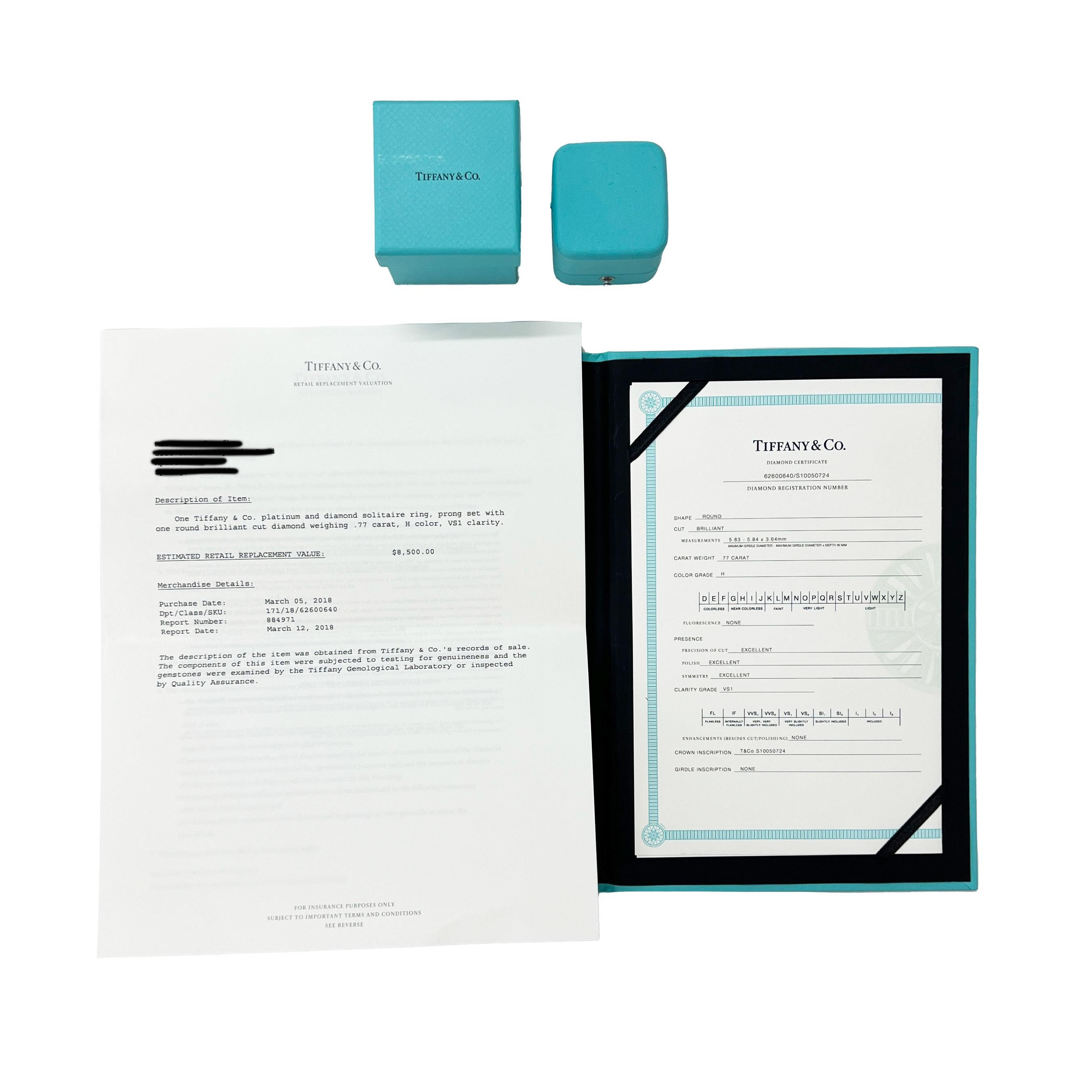 Tiffany & Co. Bague de fiançailles à diamants ronds et brillants de 0.77 ct Excellent état - En vente à New York, NY