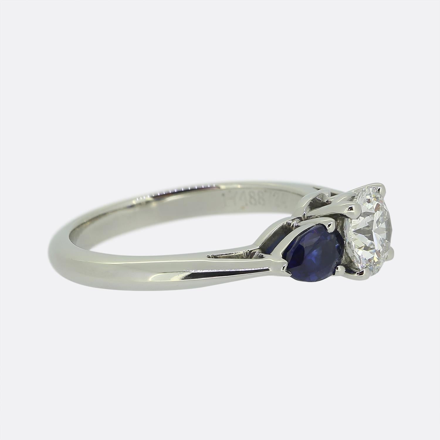 Brilliant Cut Tiffany & Co. 0.78 Carat Diamond and Sapphire Three-Stone Ring For Sale