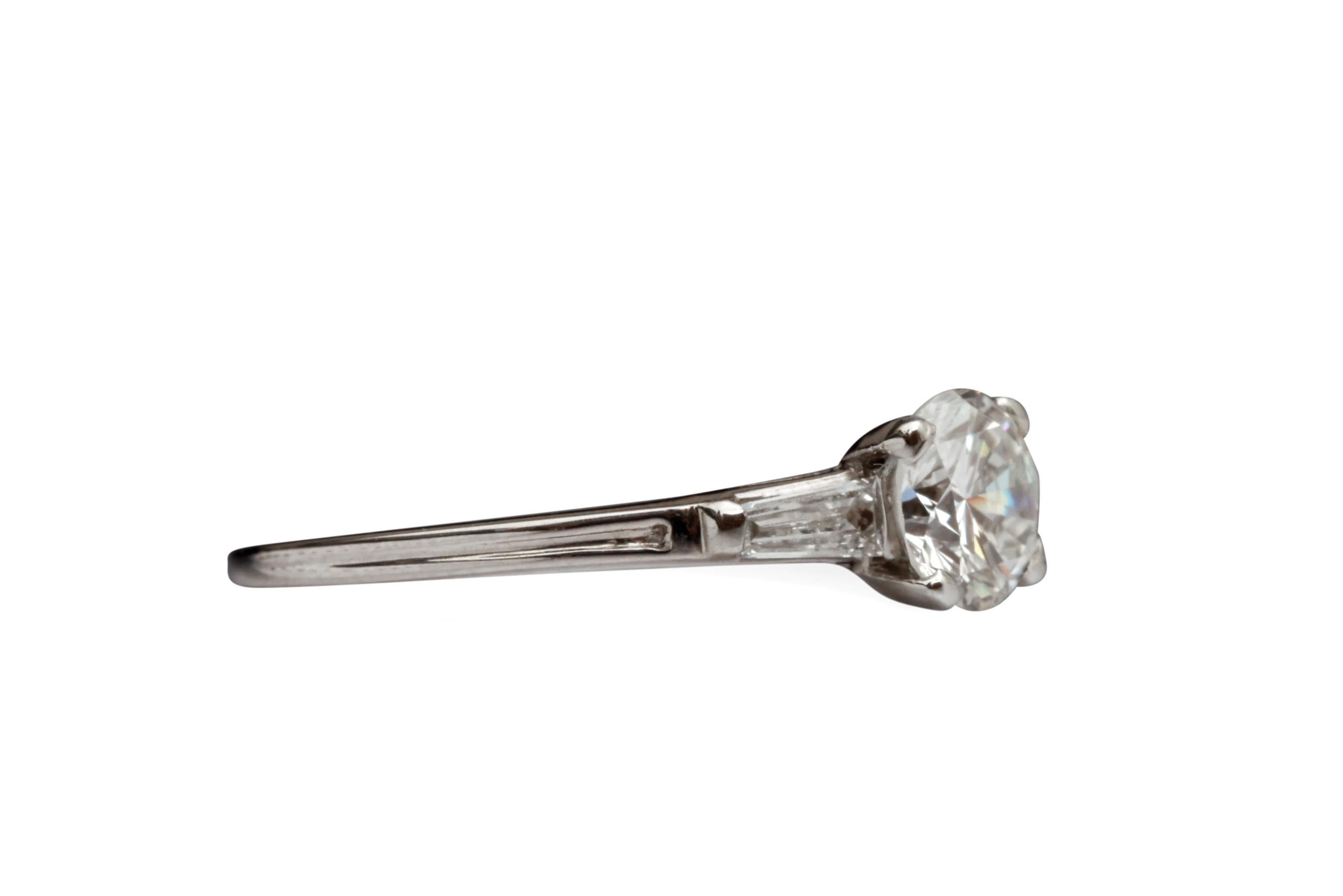 Item Details:
Metal Type: Platinum 
Weight: 2.5 grams
Size: 6 (resizable)

Center Diamond Details:
Cut: Round
Carat: .60 Carat
Color: F
Clarity: VVS

Accent Diamond Details:
Cut: Baguettes
Color: F
Clarity: VS
Carat: .18 carat total weight (2 stone