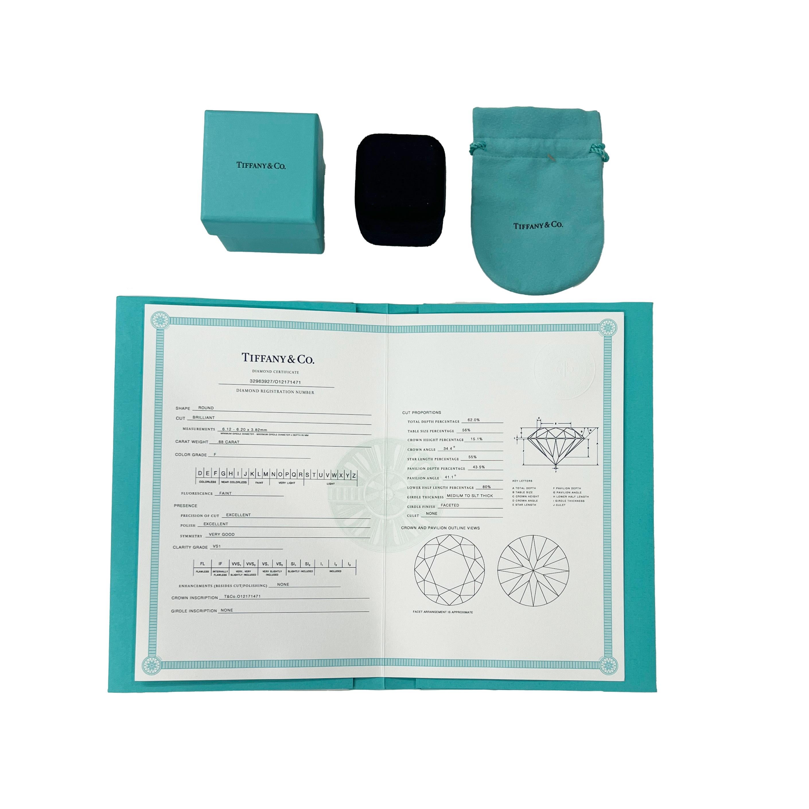 Tiffany & Co. Bague de fiançailles à diamants ronds et brillants de 0.88 ct Excellent état - En vente à New York, NY