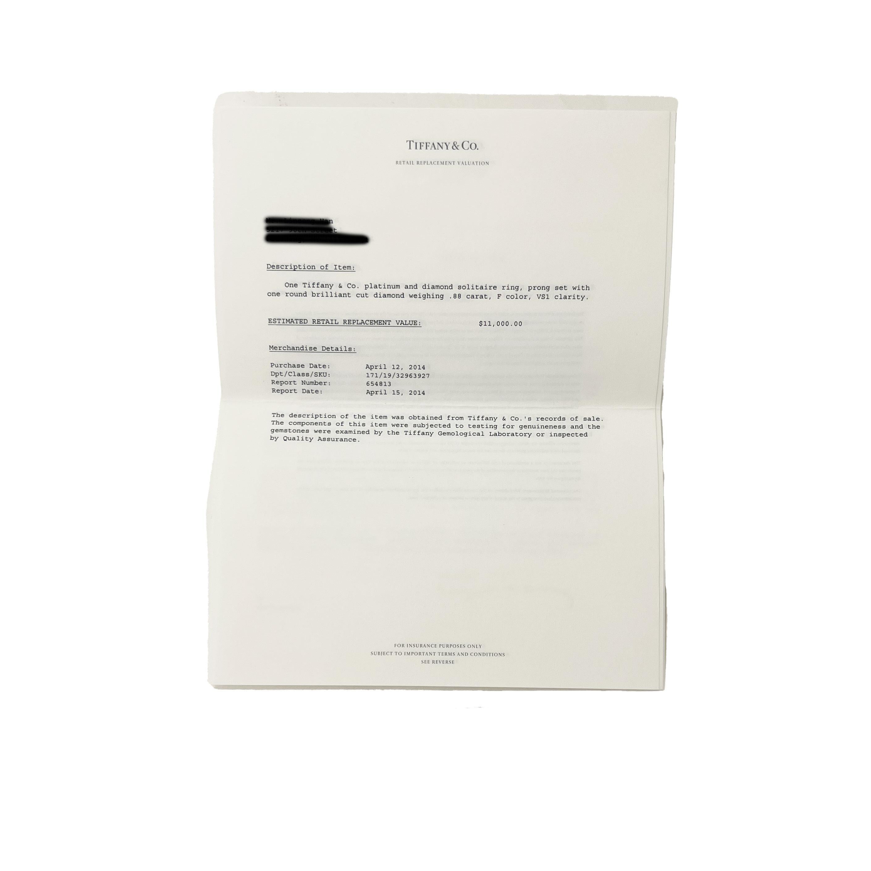 Tiffany & Co. Bague de fiançailles à diamants ronds et brillants de 0.88 ct en vente 1