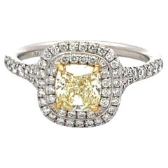Tiffany & Co 0.90 Carat Cushion Fancy Yellow Diamond 18K YG/Plat Engagement Ring