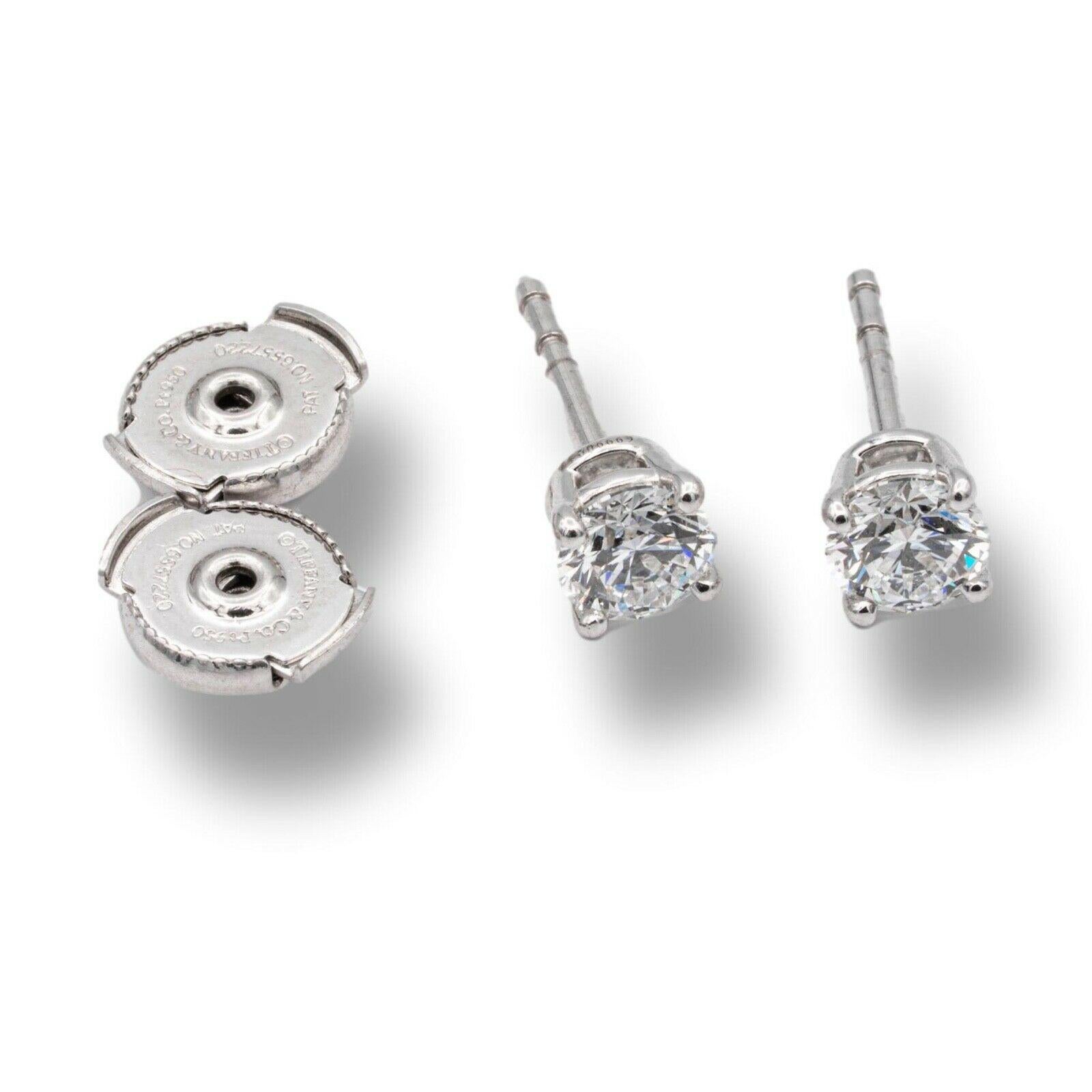 Round Cut Tiffany & Co. 0.90 Carat Total Weight Diamond Stud Earrings in Platinum