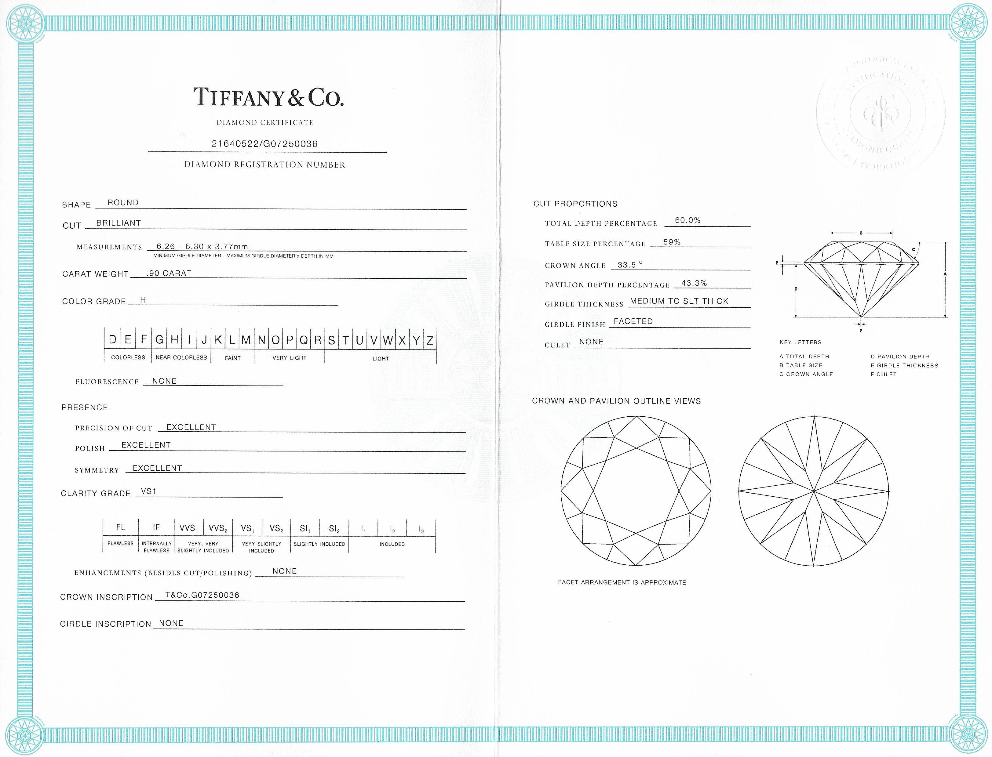 Round Cut Tiffany & Co. 0.90 Carat Diamond Platinum Solitaire Engagement Ring GIA