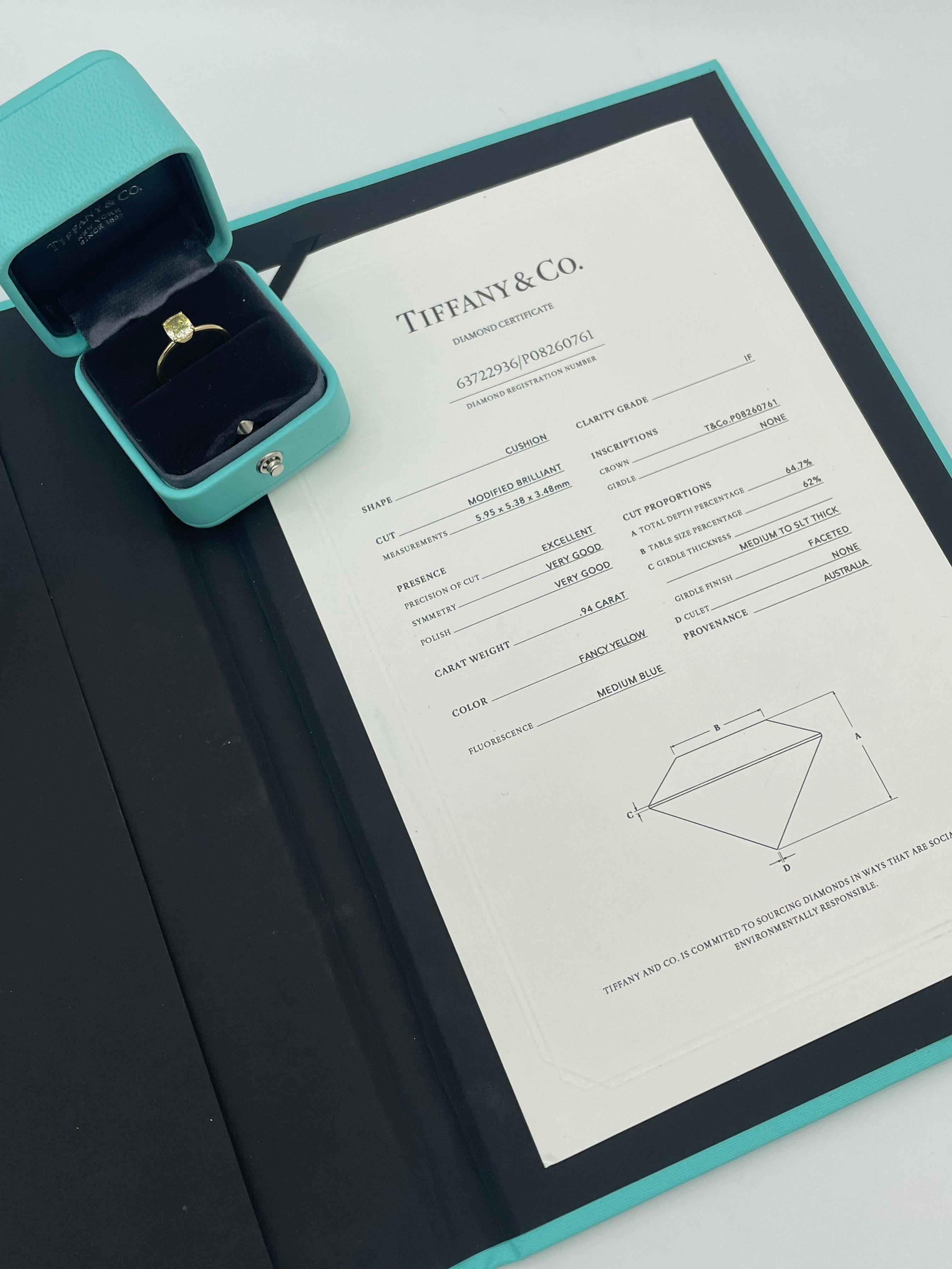 En vente :  Tiffany & Co. Bague de fiançailles en or jaune 18 carats avec diamant jaune fantaisie de 0,94 carat 9