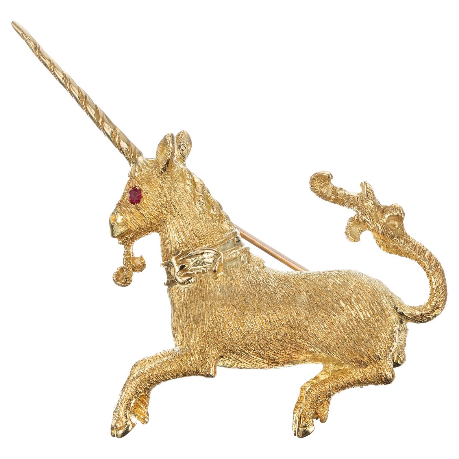 Tiffany & Co .1 Carat Ruby Yellow Gold Unicorn Brooch For Sale