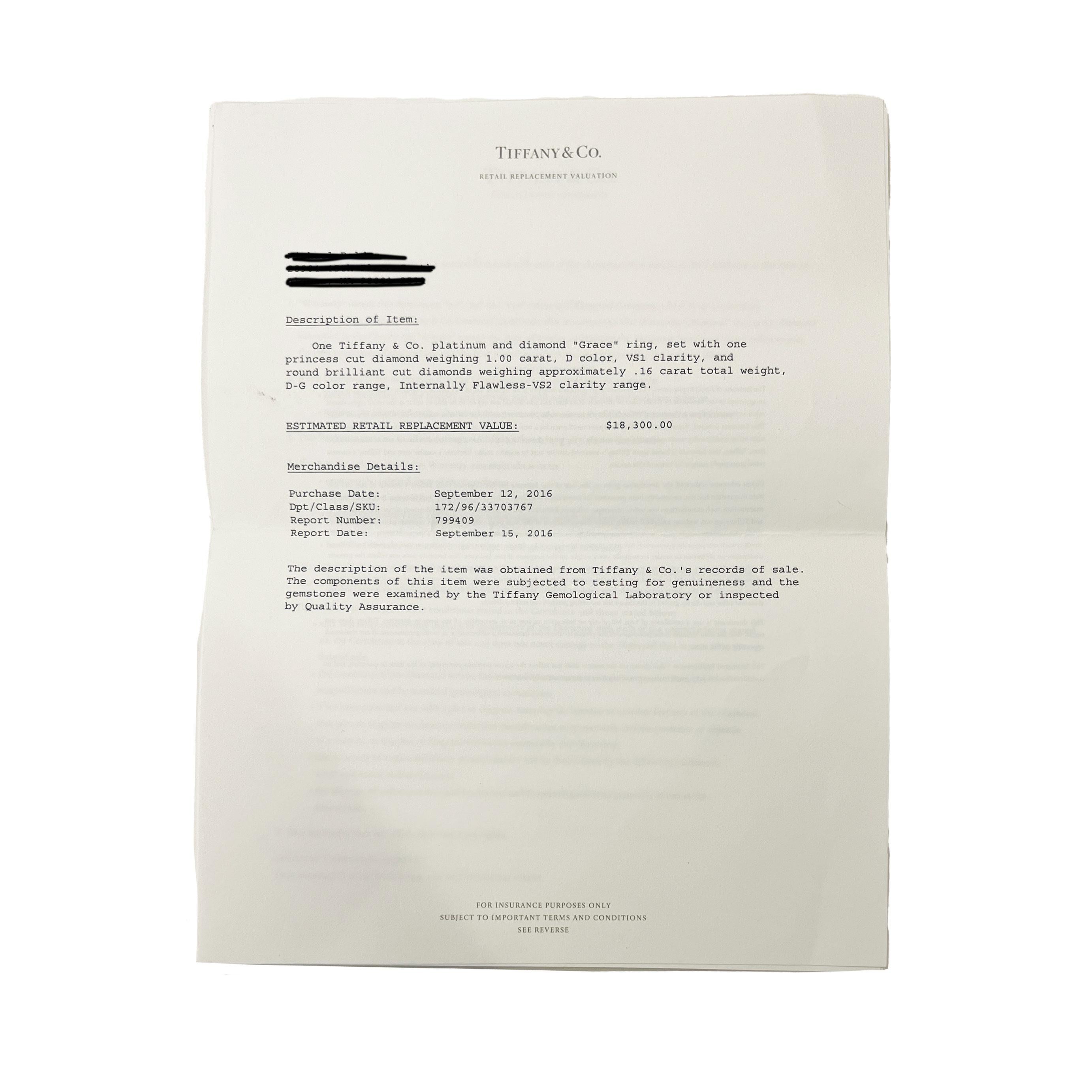 Tiffany & Co. Bague de fiançailles Grace à diamant princesse de 1 ct en vente 1