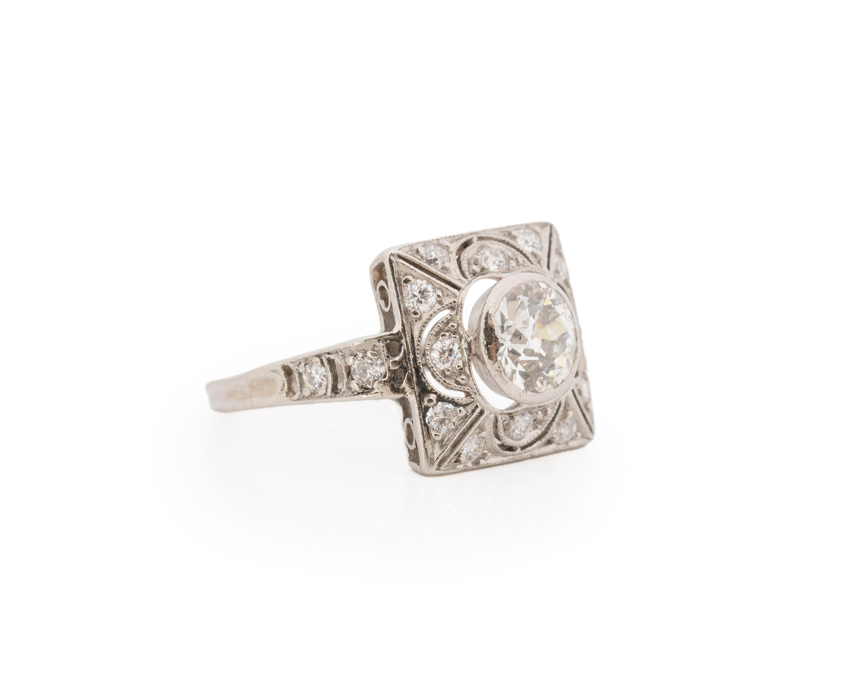 Maker: Tiffany & Co (Hallmark engraved on inner shank)
Ring Size: 5
Metal Type: Platinum [Hallmarked, and Tested]
Weight: 3.5 grams

Center Diamond Details:
Weight: .85ct
Cut: Antique Cushion
Color: F
Clarity: VS

Side Diamond Details:
Weight: