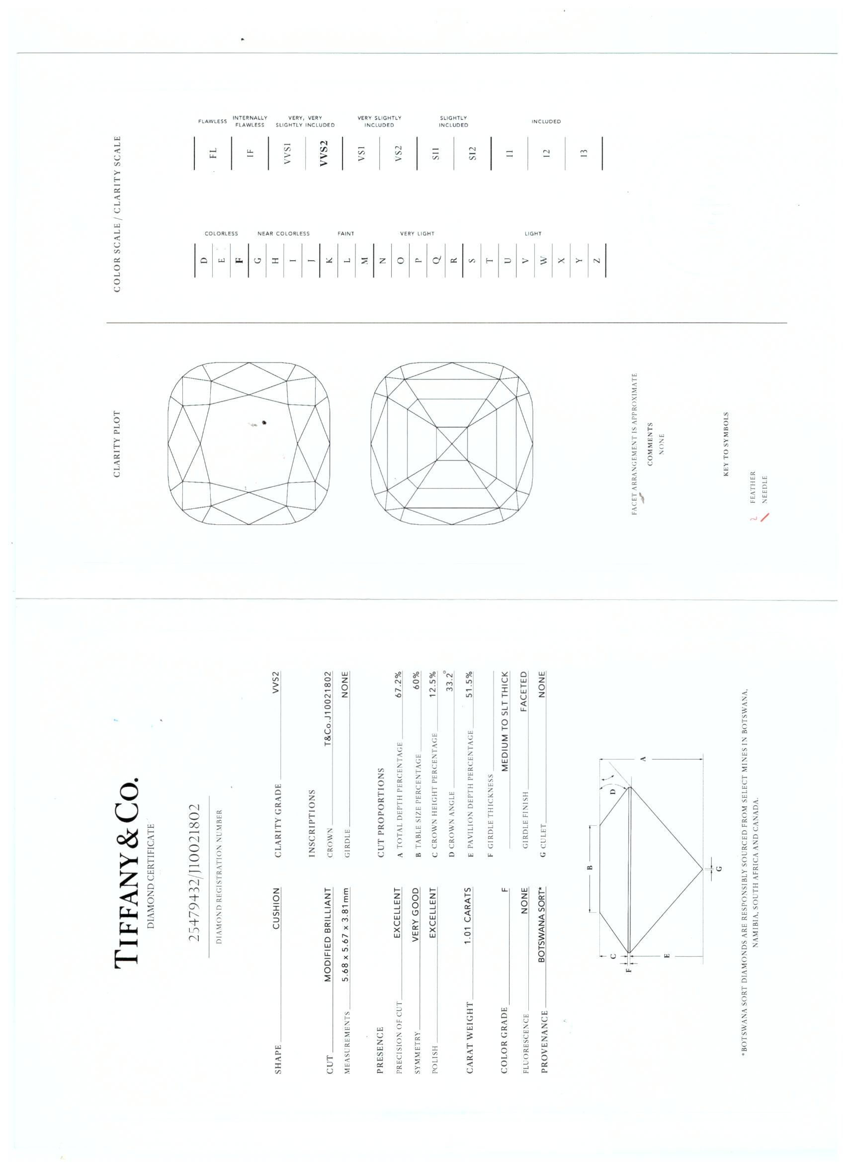Tiffany & Co. 1,01 Carati Cuscino Brillante F VVS2 Diamante in Platino Anello aureola in vendita 7