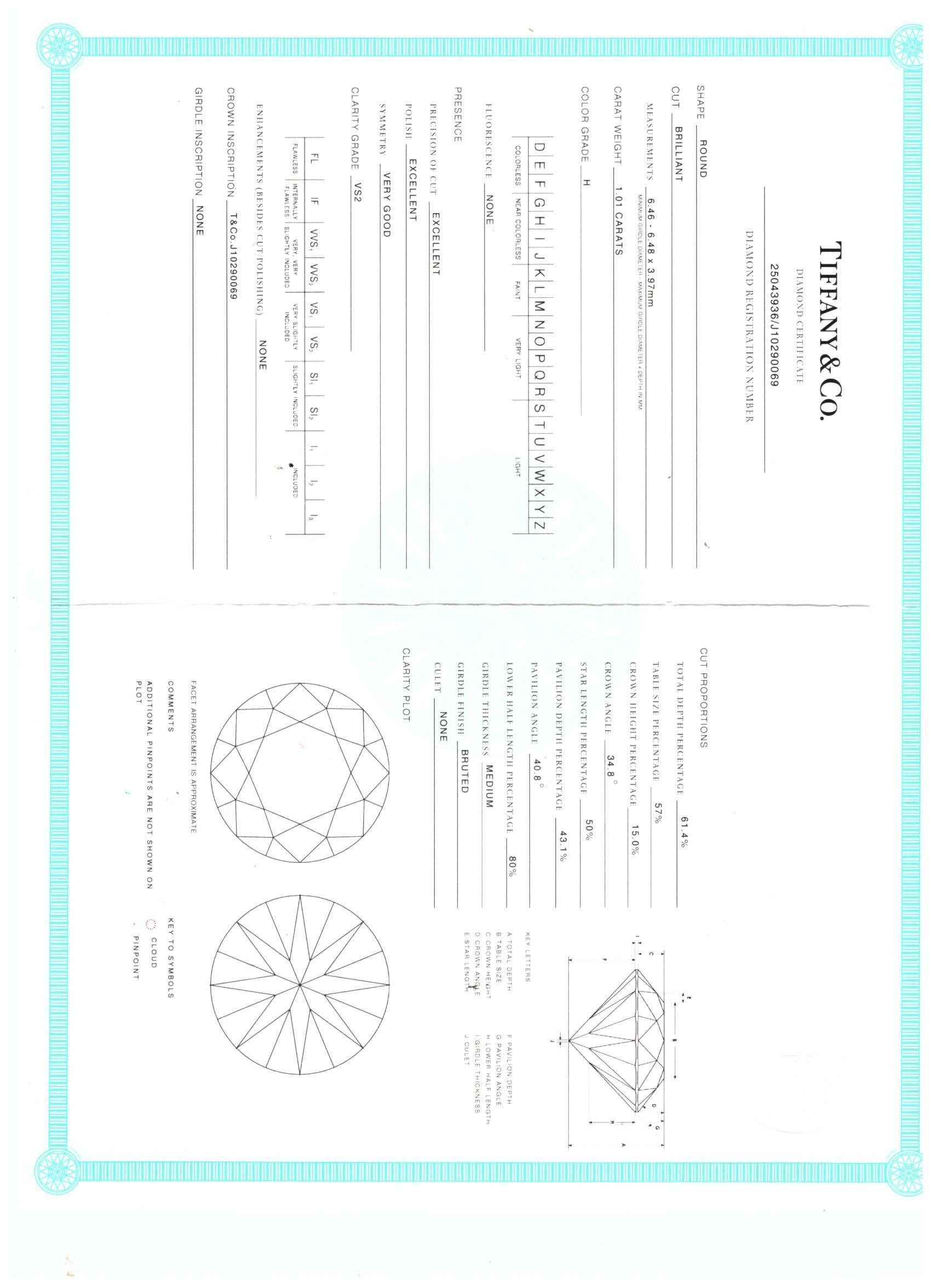 Tiffany & Co 1.01 Carat Round Brilliant H VS2 Diamond Platinum Engagement Ring For Sale 6