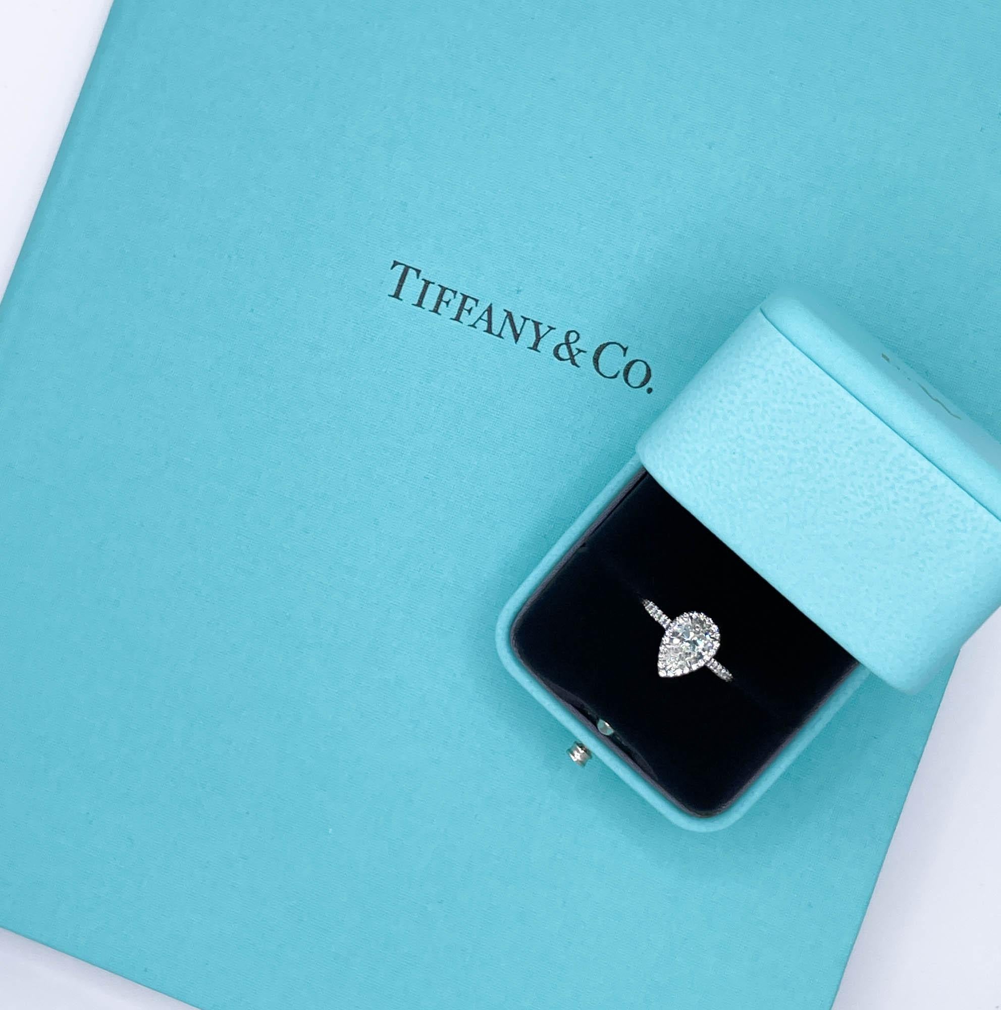 Tiffany & Co 1.02 Carat Pear Diamond Halo Platinum Engagement Ring 13