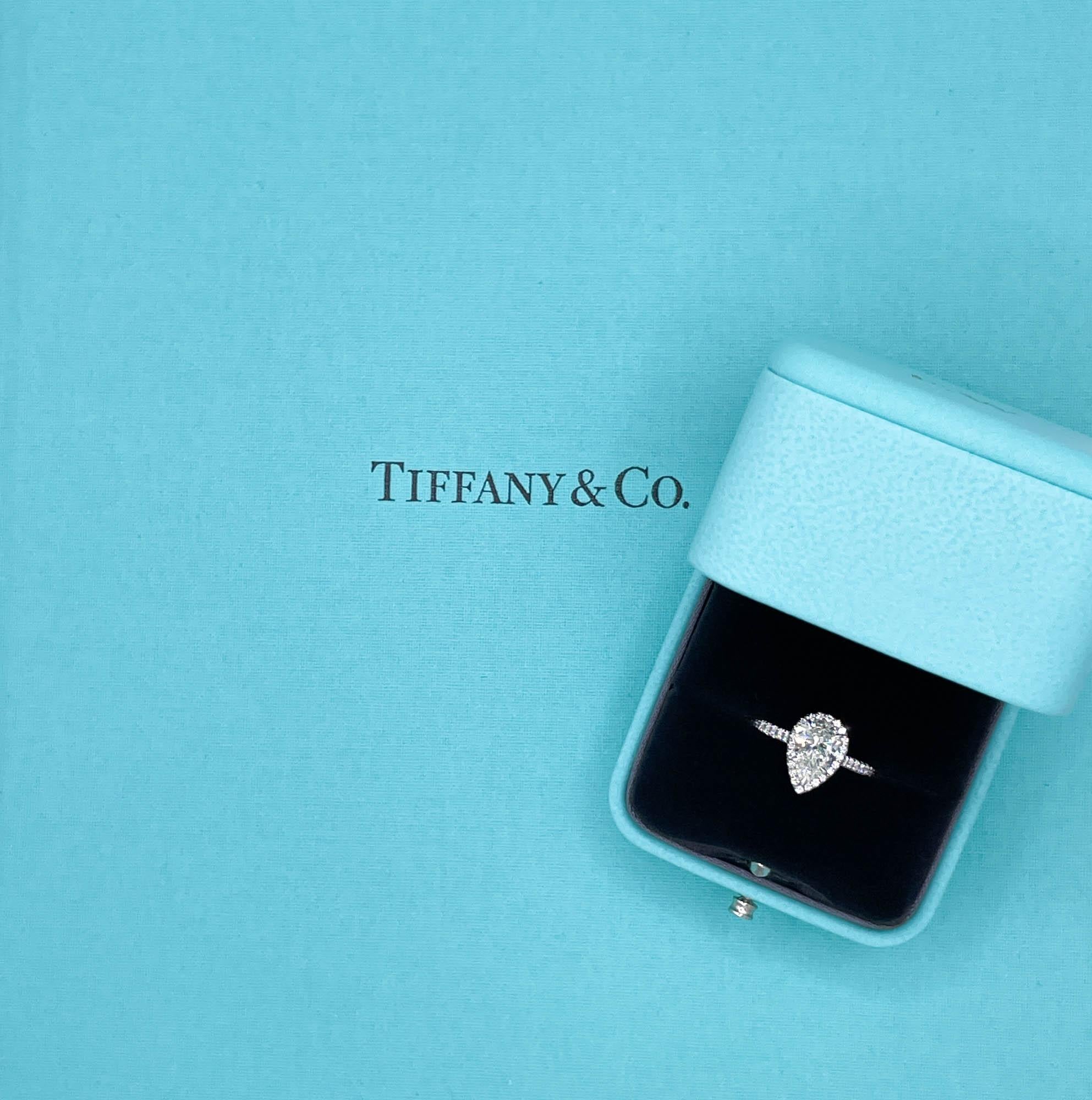 Tiffany & Co 1.02 Carat Pear Diamond Halo Platinum Engagement Ring 14