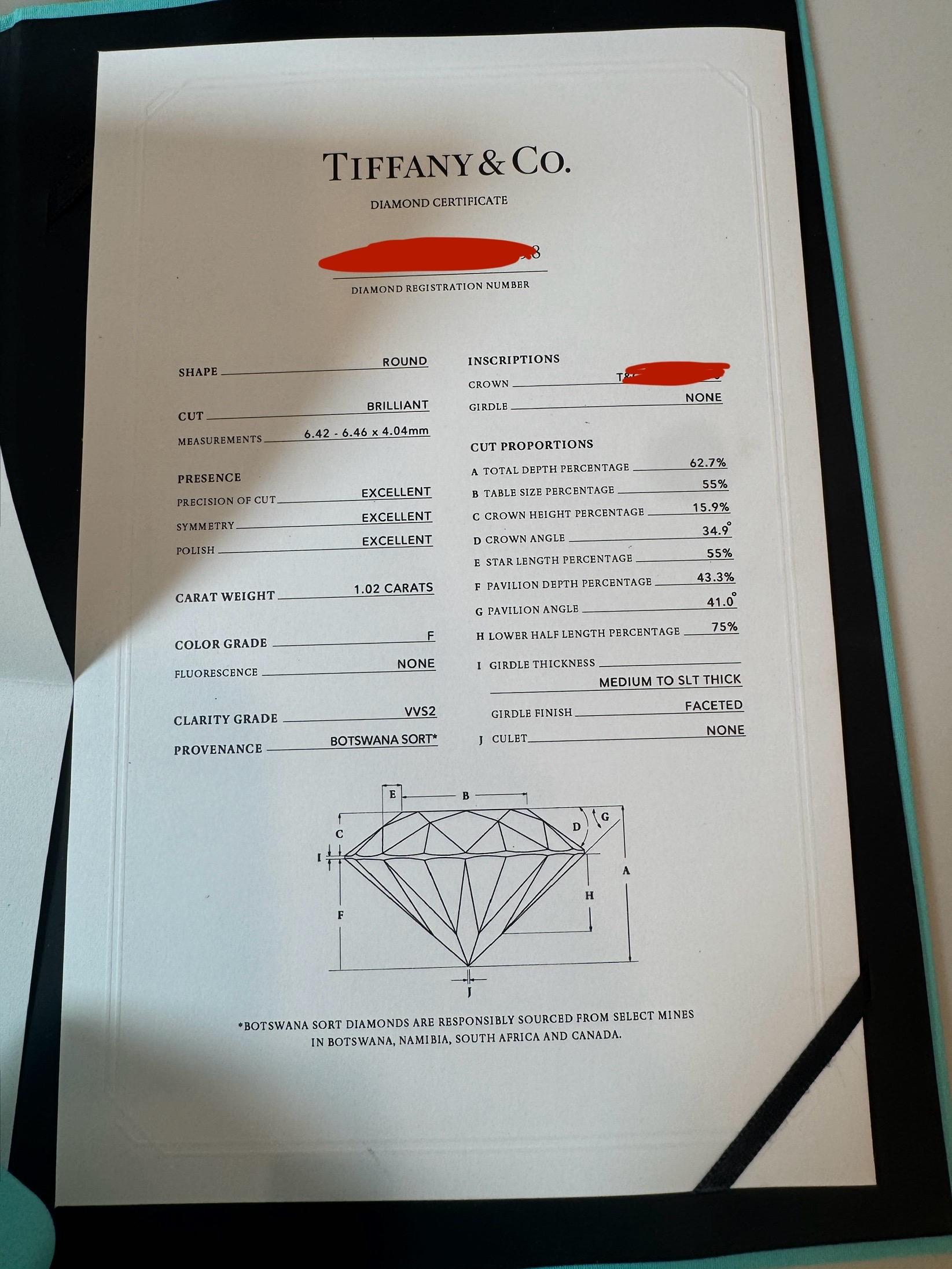 Tiffany & Co. 1.02ct F VVS2 Diamond Ring 2019 W/ Box & Papers Laser Etched Origi Pour femmes en vente