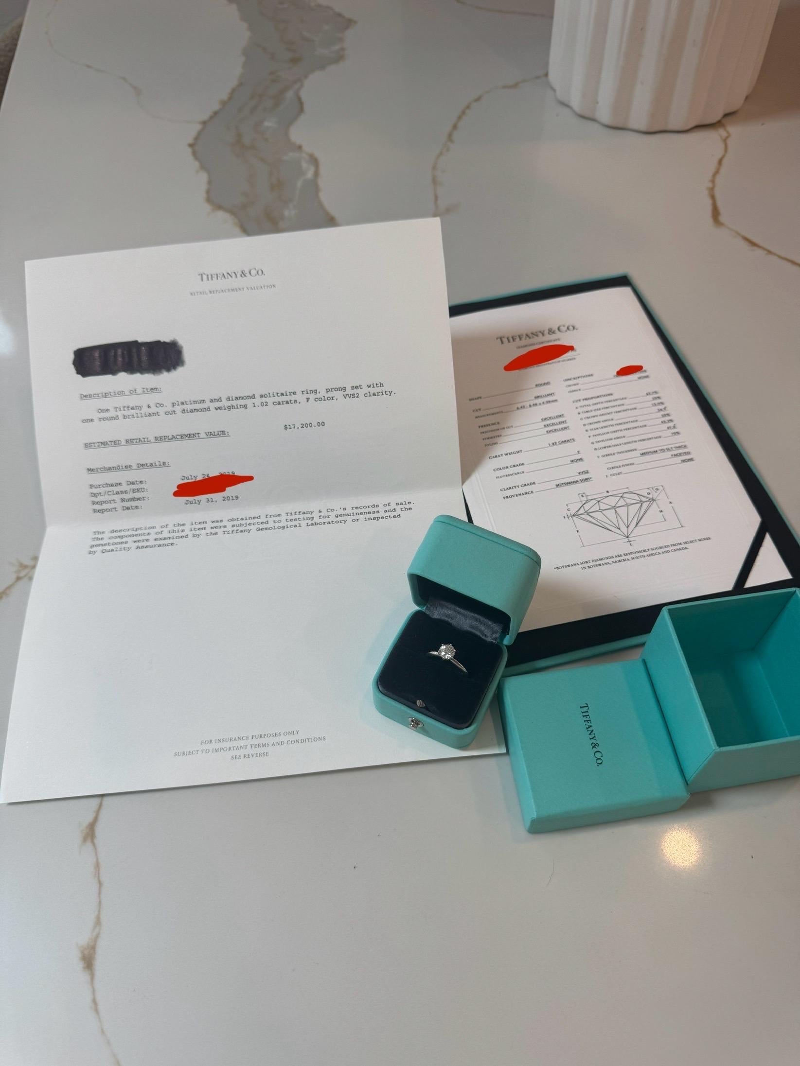 Tiffany & Co. 1.02ct F VVS2 Diamond Ring 2019 W/ Box & Papers Laser Etched Origi en vente 1