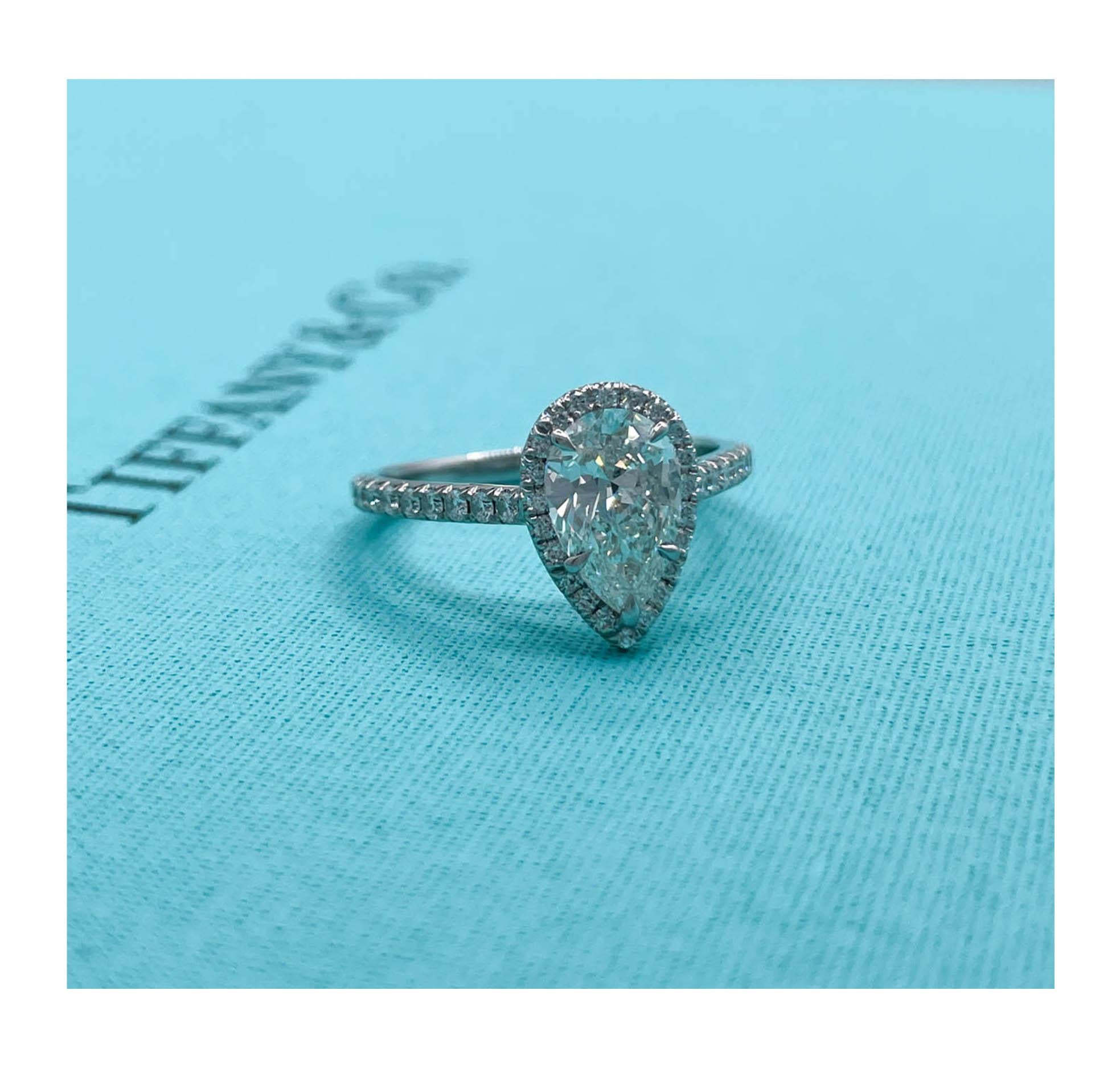 Pear Cut Tiffany & Co 1.02 Carat Pear Diamond Halo Platinum Engagement Ring