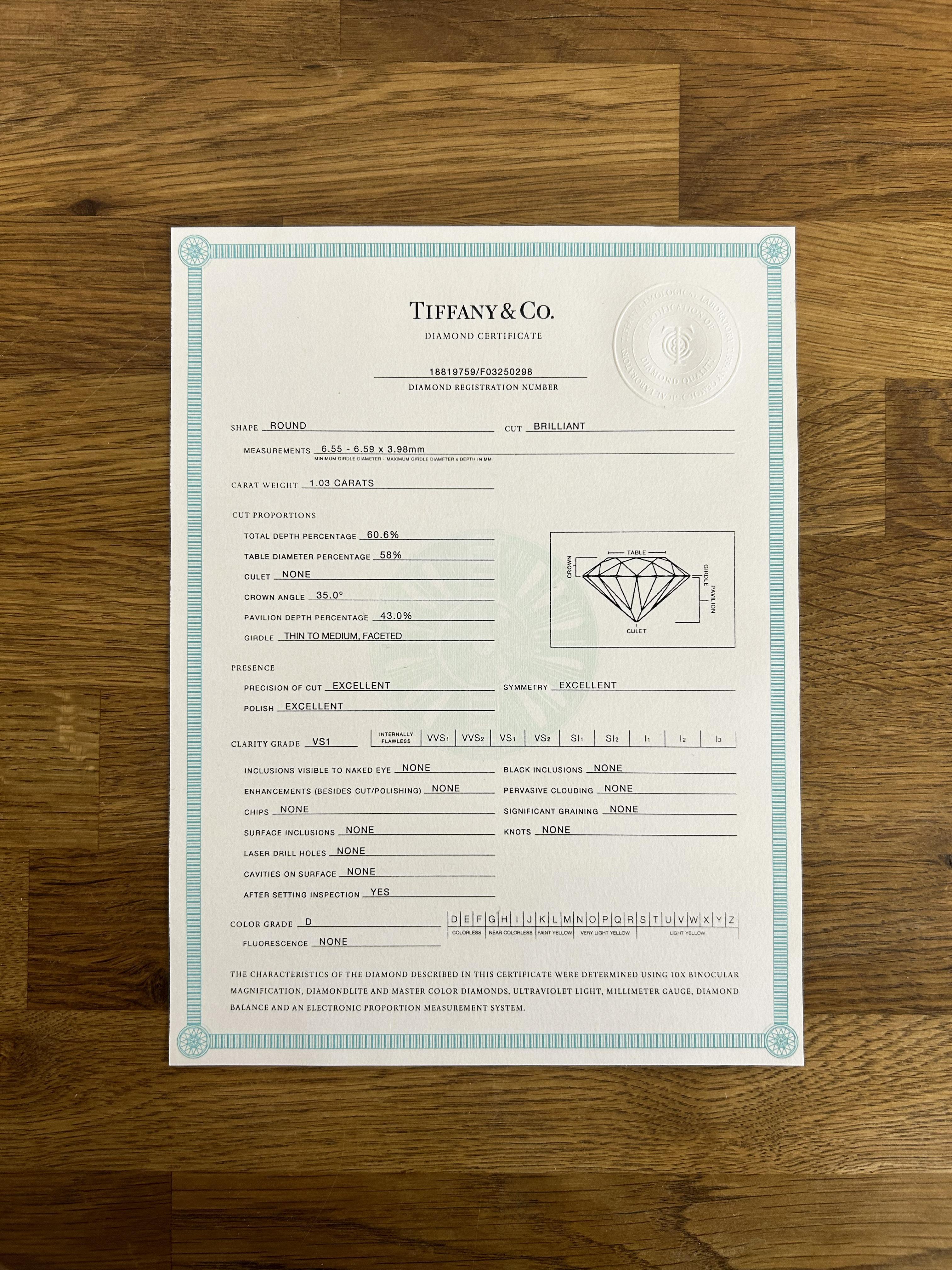 Tiffany & Co. 1.03 Carat Diamond Solitaire Ring 1