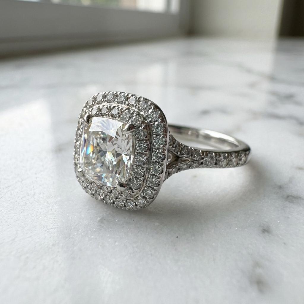 Este exquisito anillo Tiffany & Co. exhibe un diamante brillante modificado en forma de cojín de 1,03 quilates certificado por el GIA, engastado con gracia en el centro de un elegante diseño de doble halo. El diamante presenta un grado de color E,