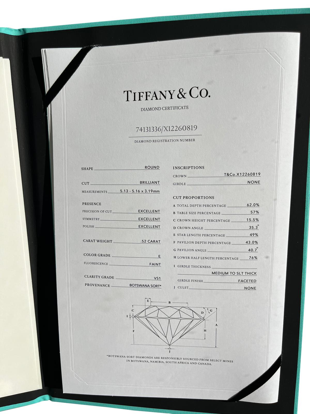Tiffany & Co., clous d'oreilles en diamants ronds brillants de 1,04 carat, couleur E, pureté VS1 Pour femmes en vente