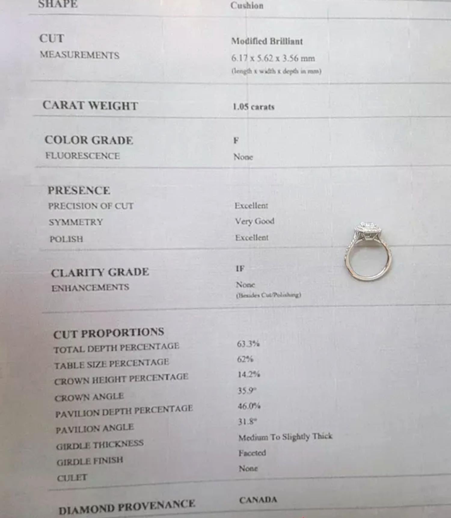 Women's Tiffany & Co. 1.05 Carat Cushion F Color IF Clarity Soleste Platinum Ring For Sale