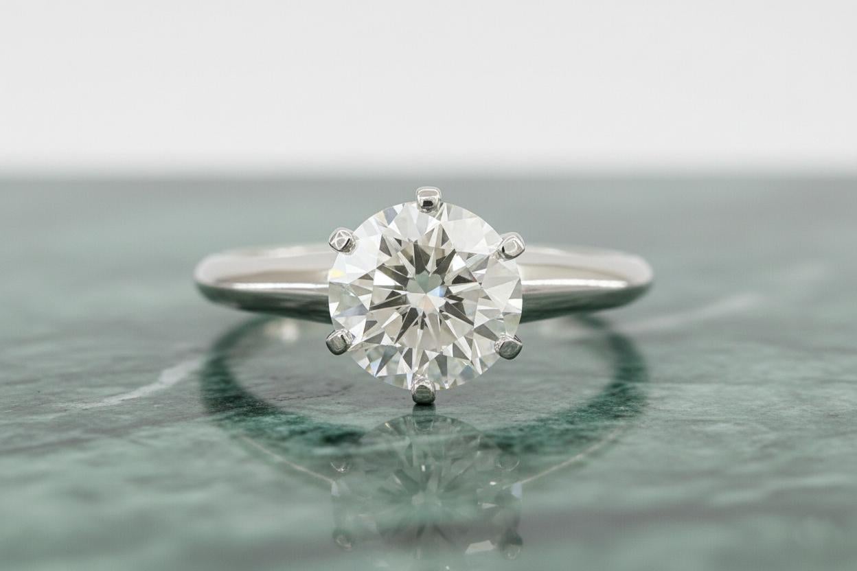 Un iconico anello di fidanzamento solitario di Tiffany & Co. con uno splendido diamante naturale rotondo taglio brillante da 1,05 carati. Il diamante mostra uno scintillio e un fuoco eccezionali, con una gradazione di colore I e una purezza VS1, un