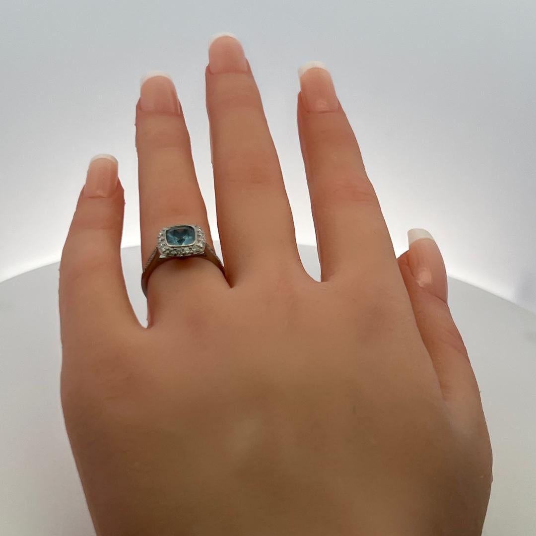 Tiffany & Co 1.06 Carat Aquamarine 0.50 Carat Round Diamond Platinum Halo Ring For Sale 5