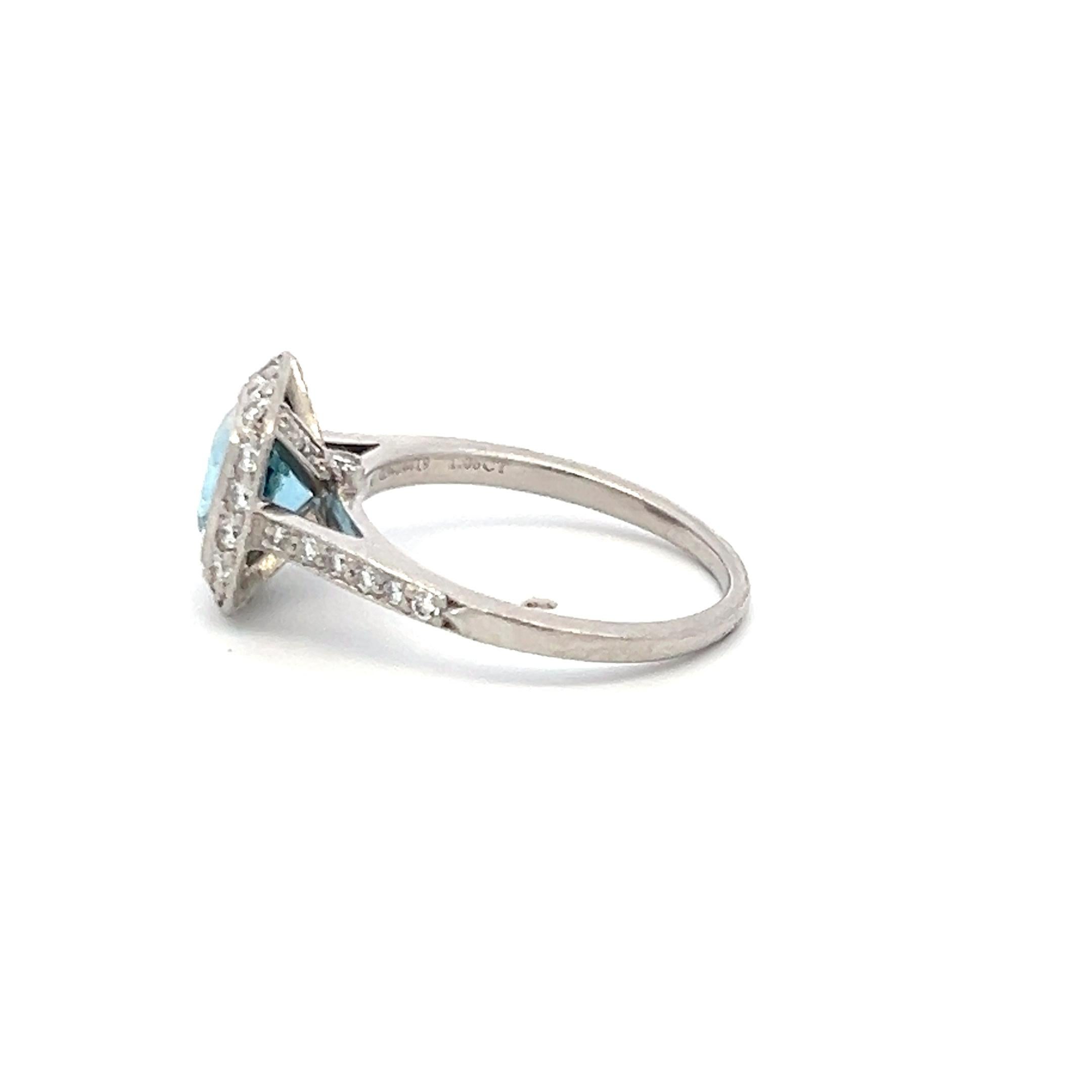 Tiffany & Co 1.06 Carat Aquamarine 0.50 Carat Round Diamond Platinum Halo Ring In Good Condition For Sale In New York, NY