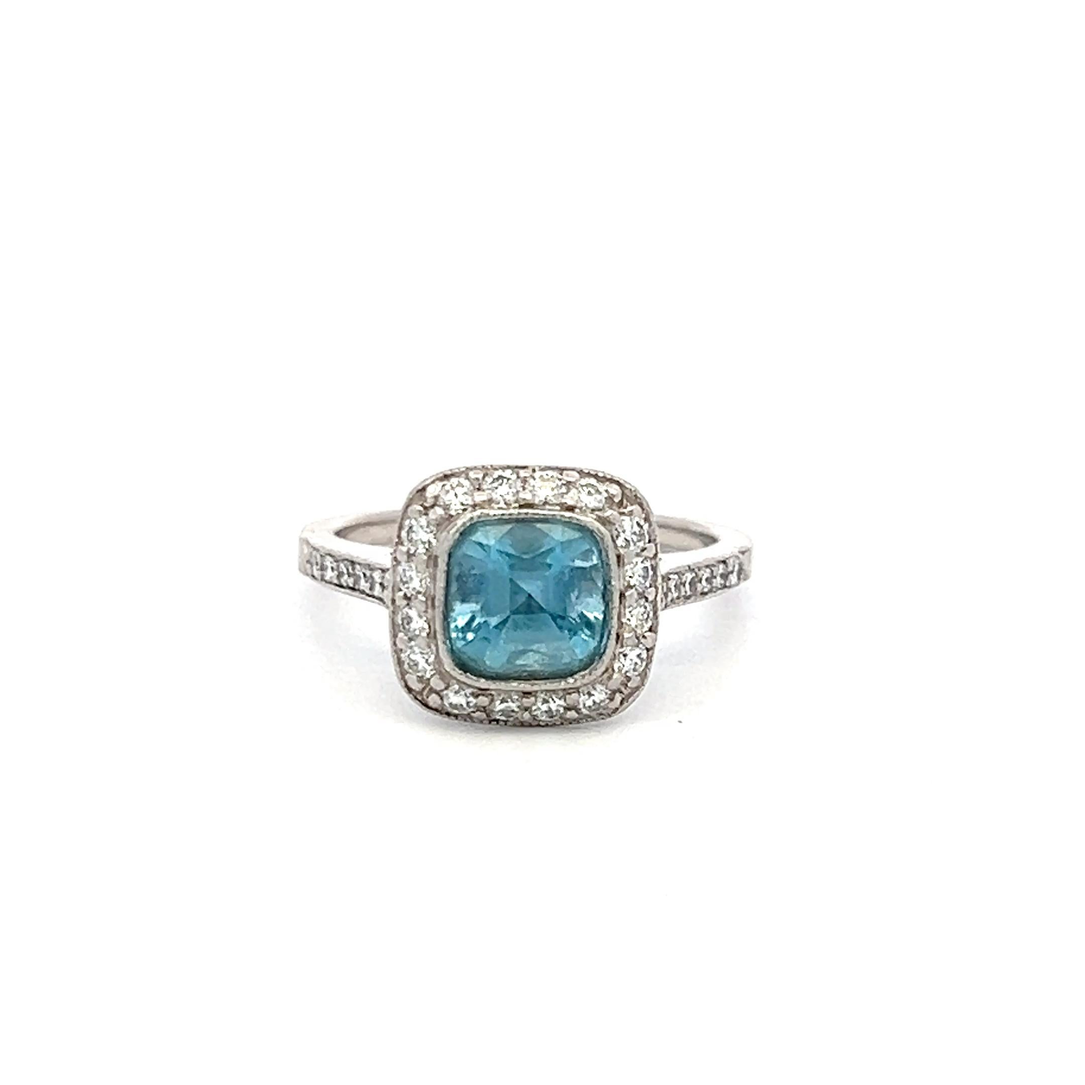 Women's Tiffany & Co 1.06 Carat Aquamarine 0.50 Carat Round Diamond Platinum Halo Ring For Sale